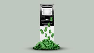 Illustration of an ATM surrounded by a growing pile of money.  