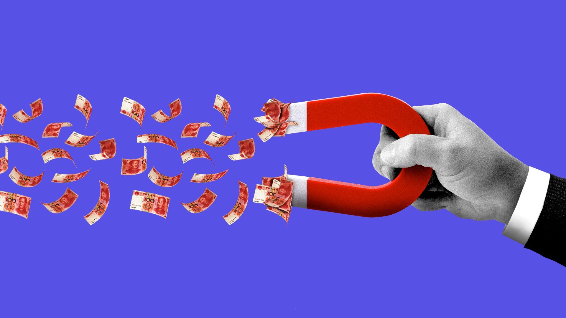 Illustration of a hand holding a magnet attracting large amounts of Yuan.