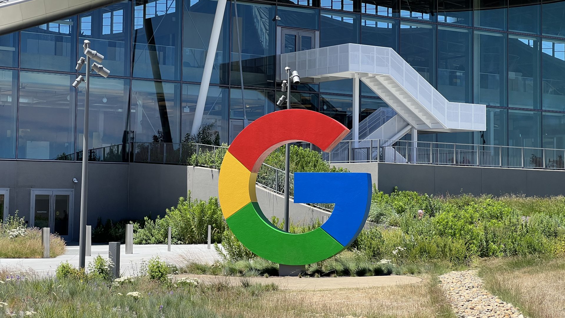 A signage is displayed outside Google's new Bay View campus on June 16, 2022 in Mountain View, California