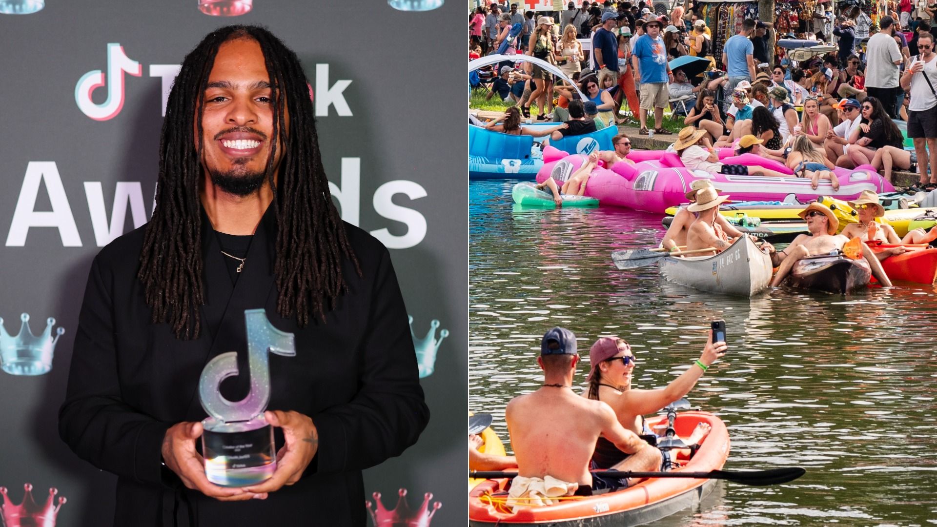 Image shows a photo of Keith Lee holding a tiktok award and another photo of people in kayaks, canoes and floaties in the water.
