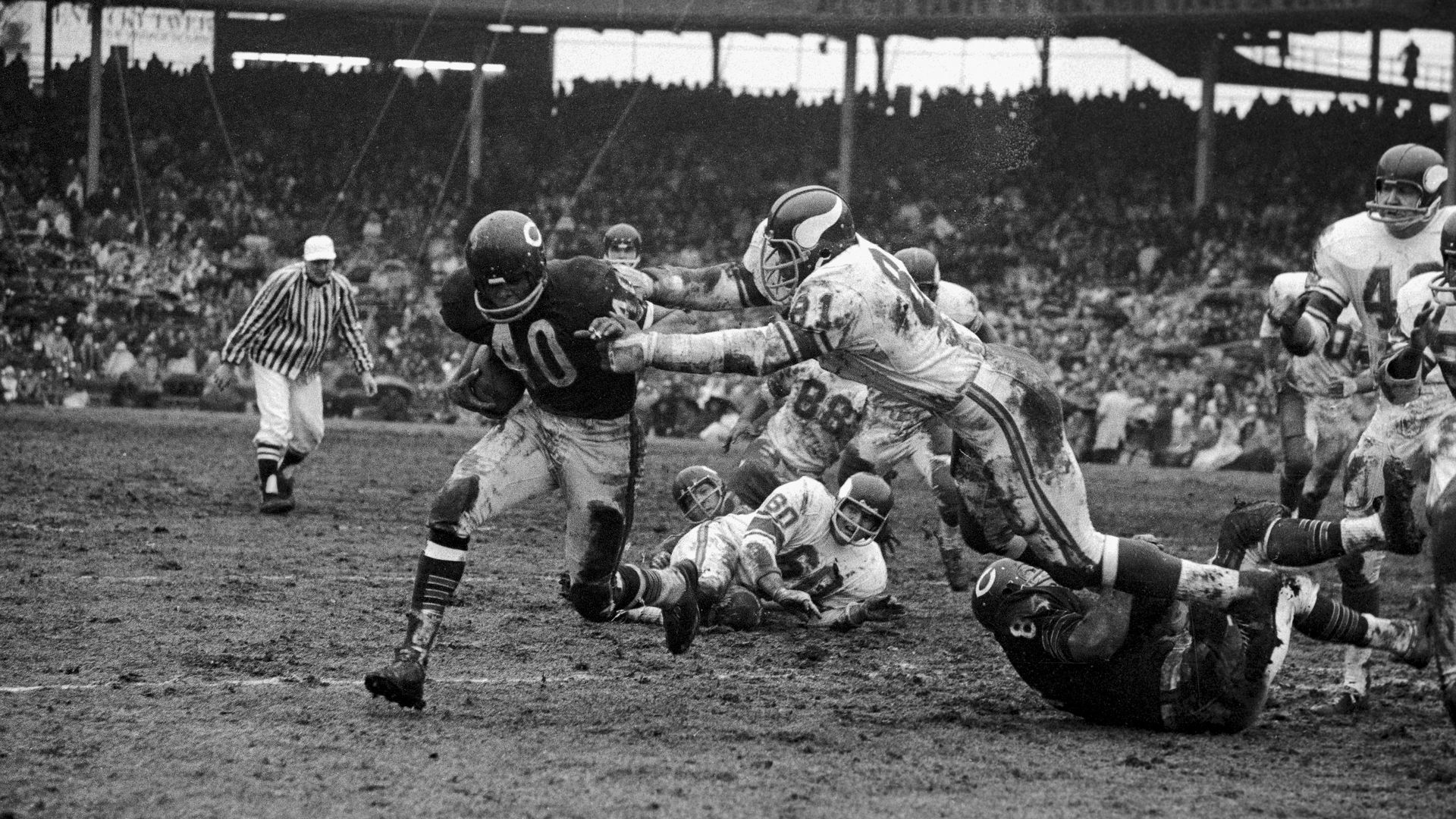 Black and white football photo. 
