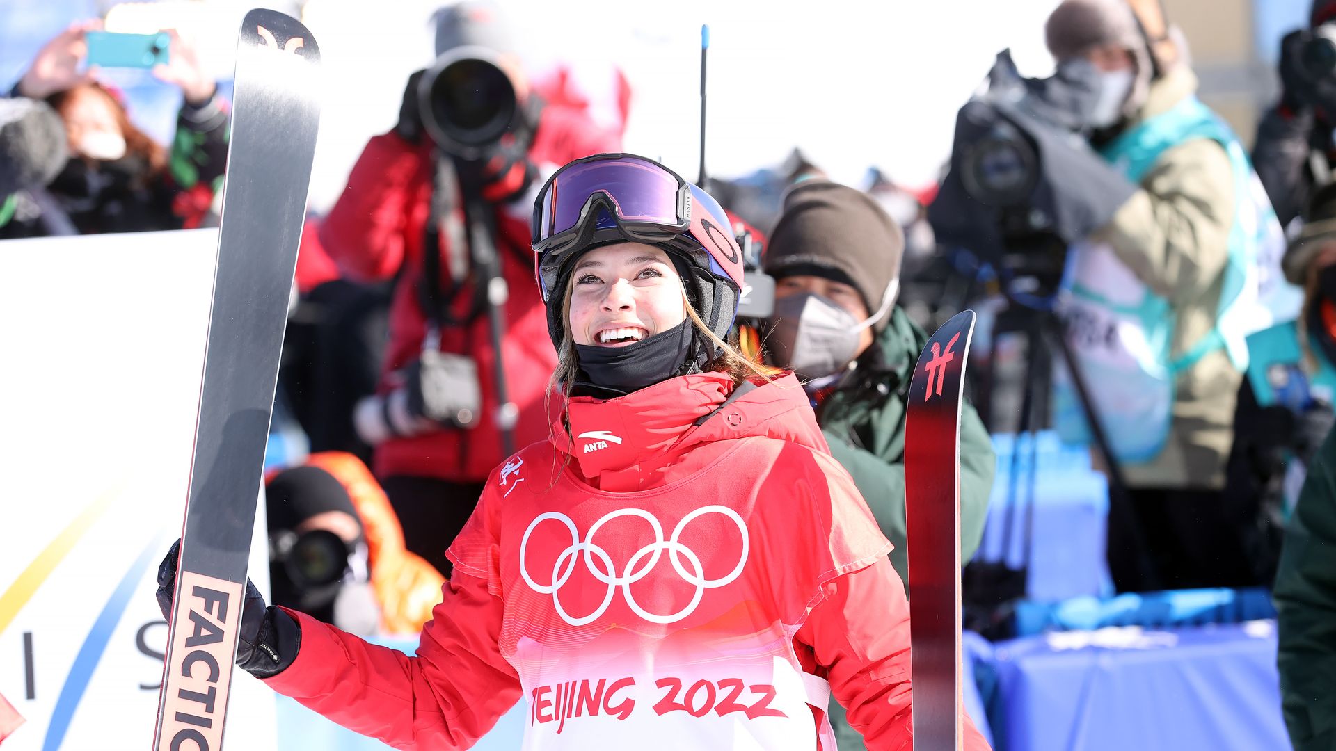 Gold medallist Ailing Eileen Gu of Team China is seen after her final run during the Women's Freeski Halfpipe at the Beijing 2022 Winter Olympics  on February 18, 2022 in Zhangjiakou, China. 