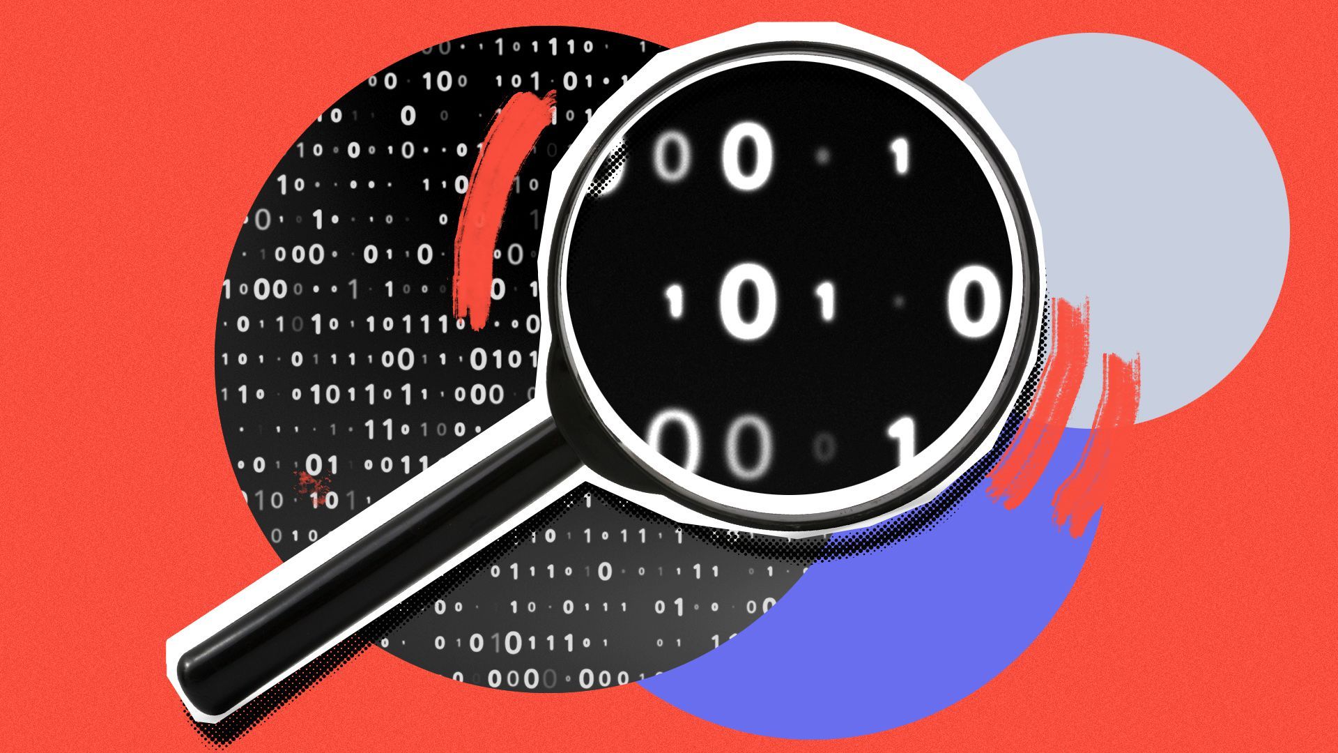 Illustration collage of a magnifying glass over binary code