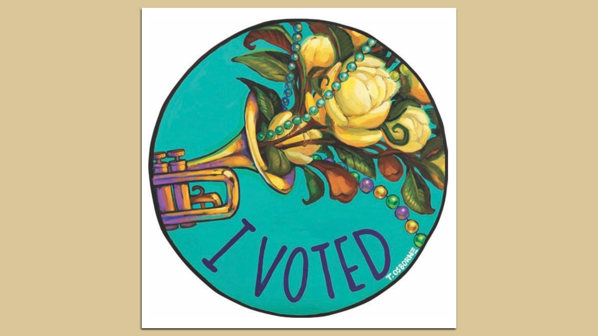 Circular turquoise sticker with a trumpet on the left, yellow roses and green leaves, teal beads, and the words "I VOTED" in purple.