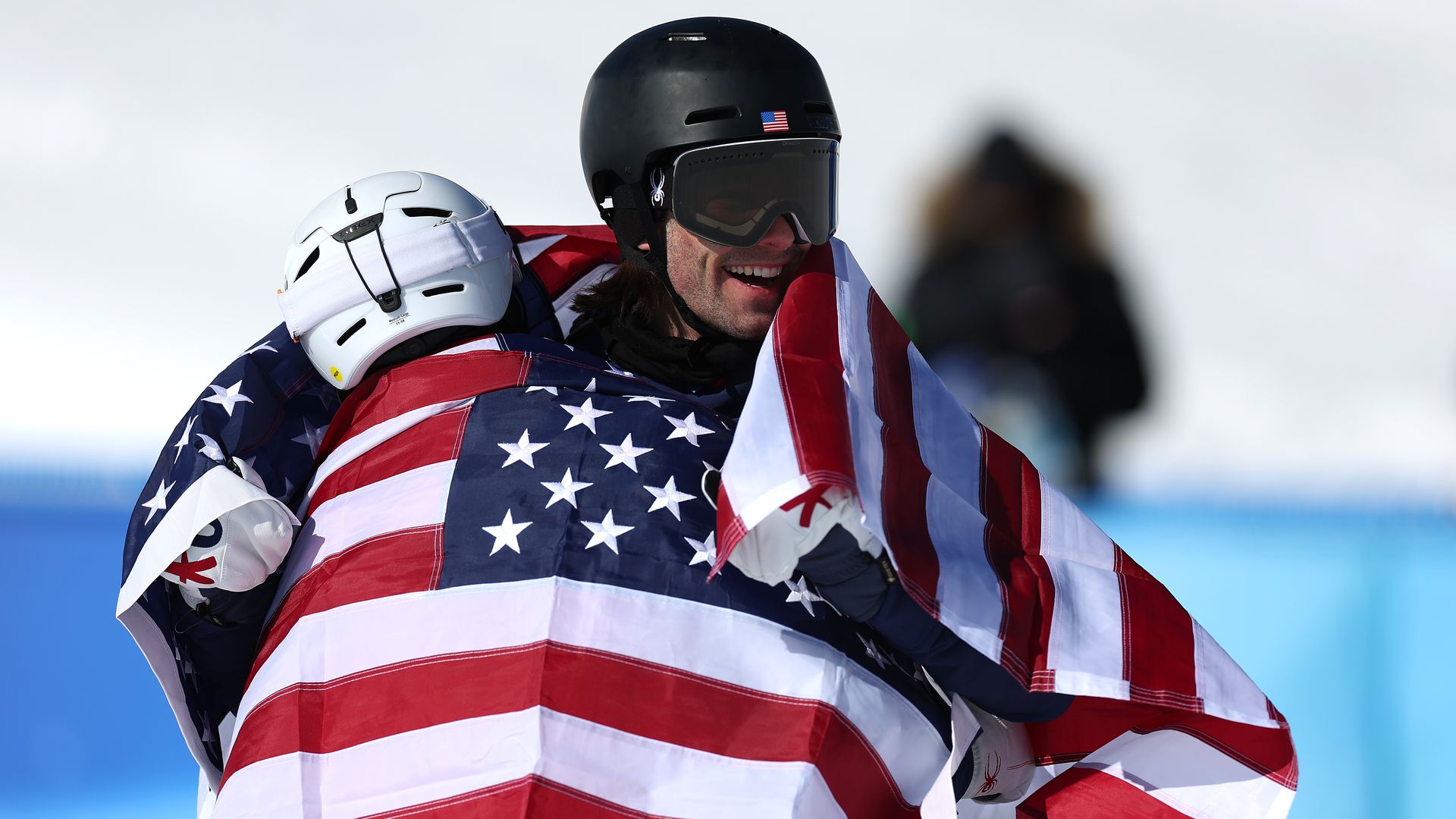Gold medallist Alexander Hall (R) of Team USA embraces teammate and Silver medallist Nicholas Goepper during the Men's Freestyle Skiing Freeski Slopestyle Final  at the Winter Olympics