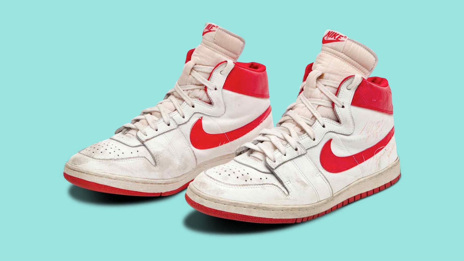 Photo of red and white Nike Air Jordans that sold for a record at Sotheby's