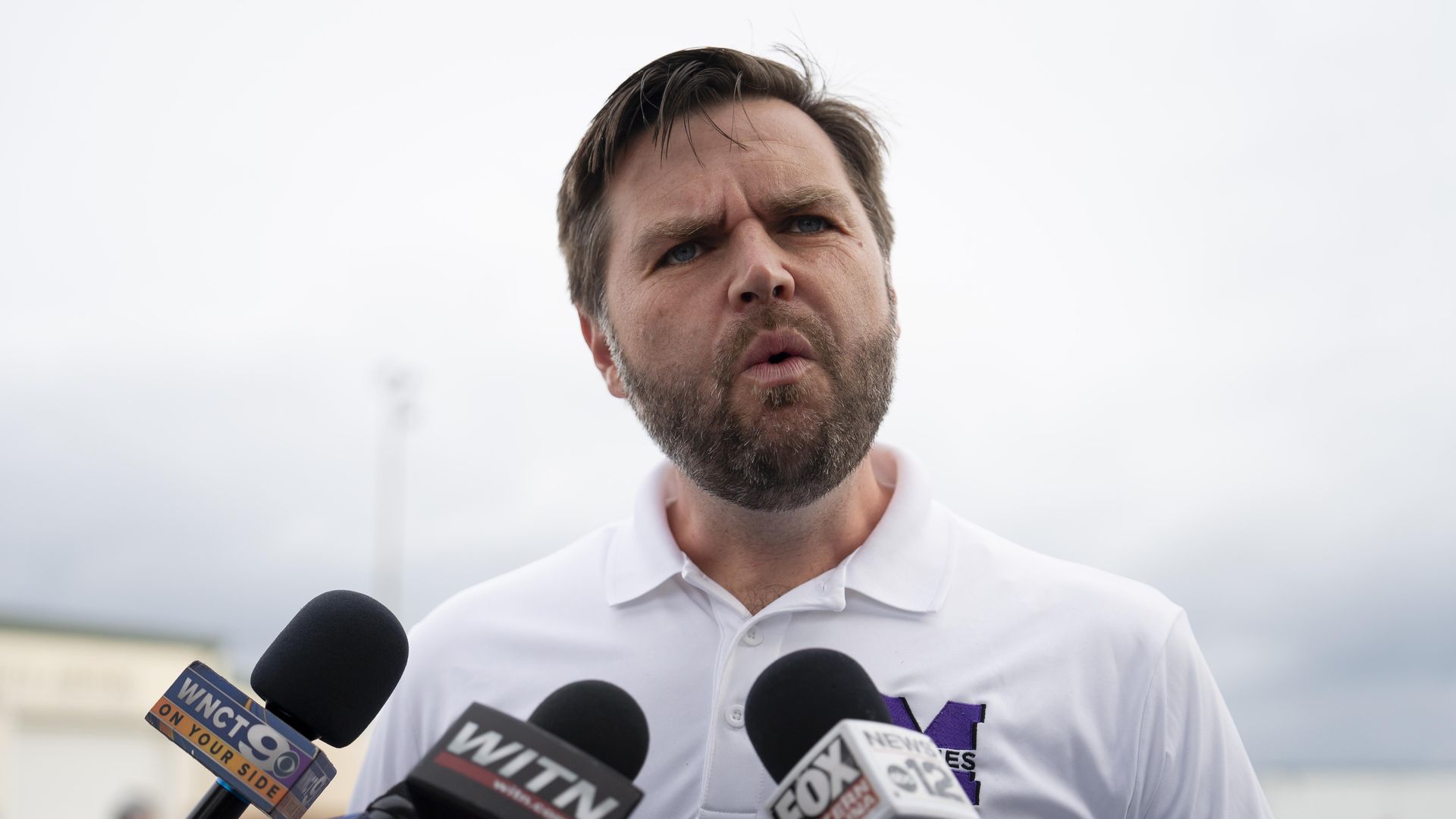 GREENVILLE, NORTH CAROLINA - SEPTEMBER 14: Republican vice presidential nominee, U.S. Sen. J.D. Vance (R-OH) speaks with media at the airport before he departs on September 14, 2024 in Greenville, North Carolina. Vance is joining Republican presidential nominee, former U.S. President Donald Trump as