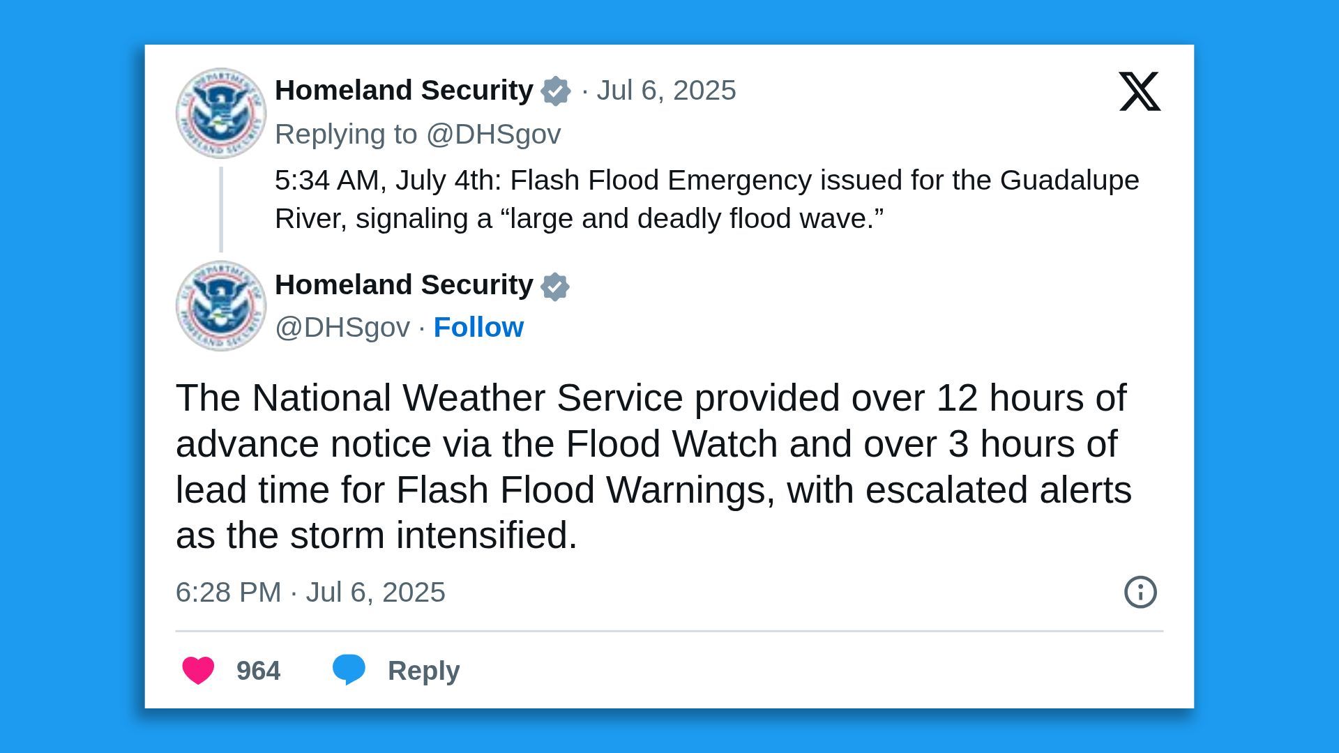 A screenshot of a DHS tweet, saying in part: "The National Weather Service provided over 12 hours of advance notice via the Flood Watch and over 3 hours of lead time for Flash Flood Warnings, with escalated alerts as the storm intensified."