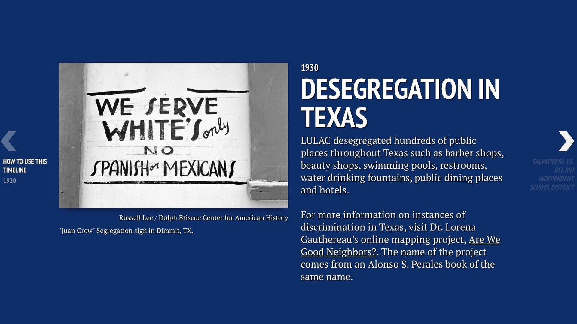 Part of the timeline focused on desegregation in Texas