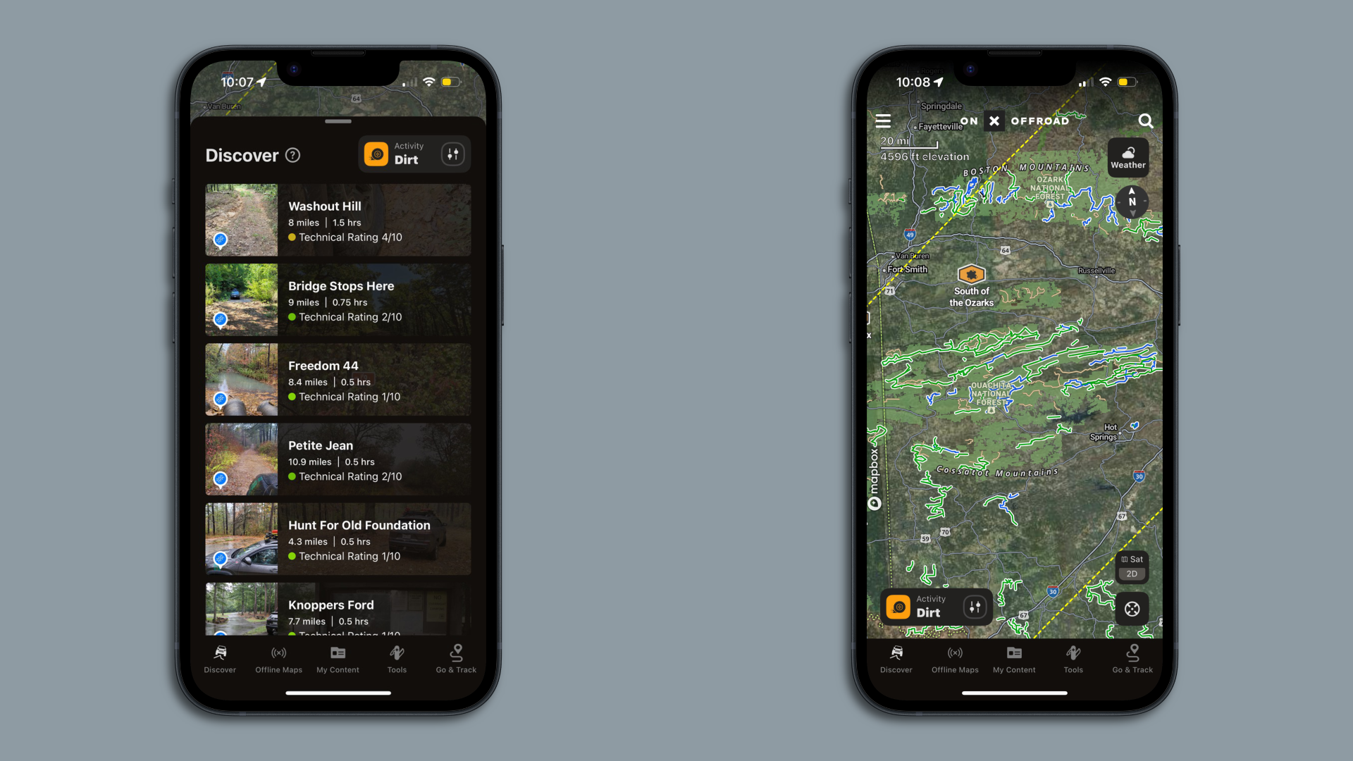 A composite photo of two cellphones showing screens with onX, an overlanding app, on each.