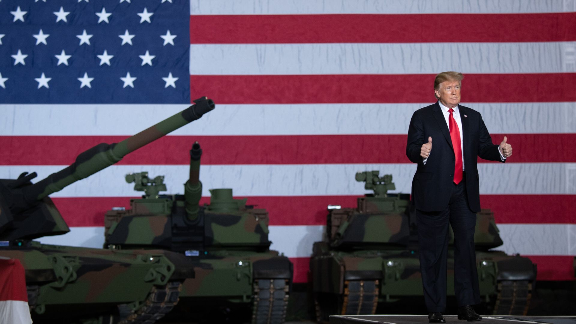  President Donald Trump arrives to speak after touring the Lima Army Tank Plant at Joint Systems Manufacturing in Lima, Ohio, March 20.