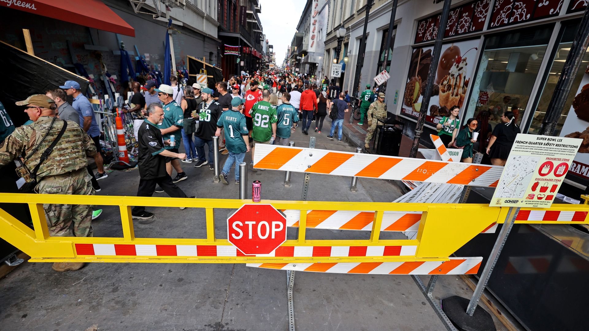 Image shows barriers on Bourbon Street.