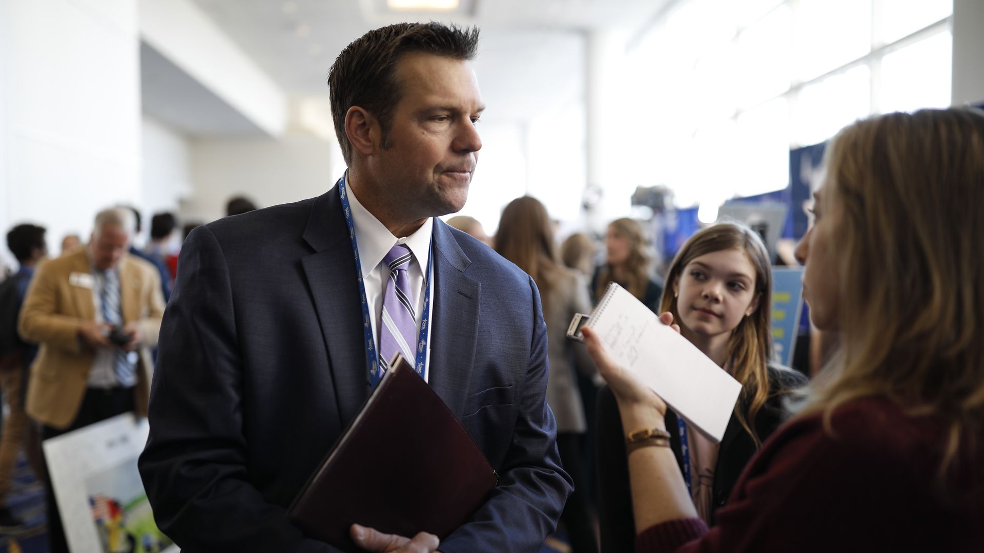 Kris Kobach, former Kansas secretary of state, speaks with members of the media.