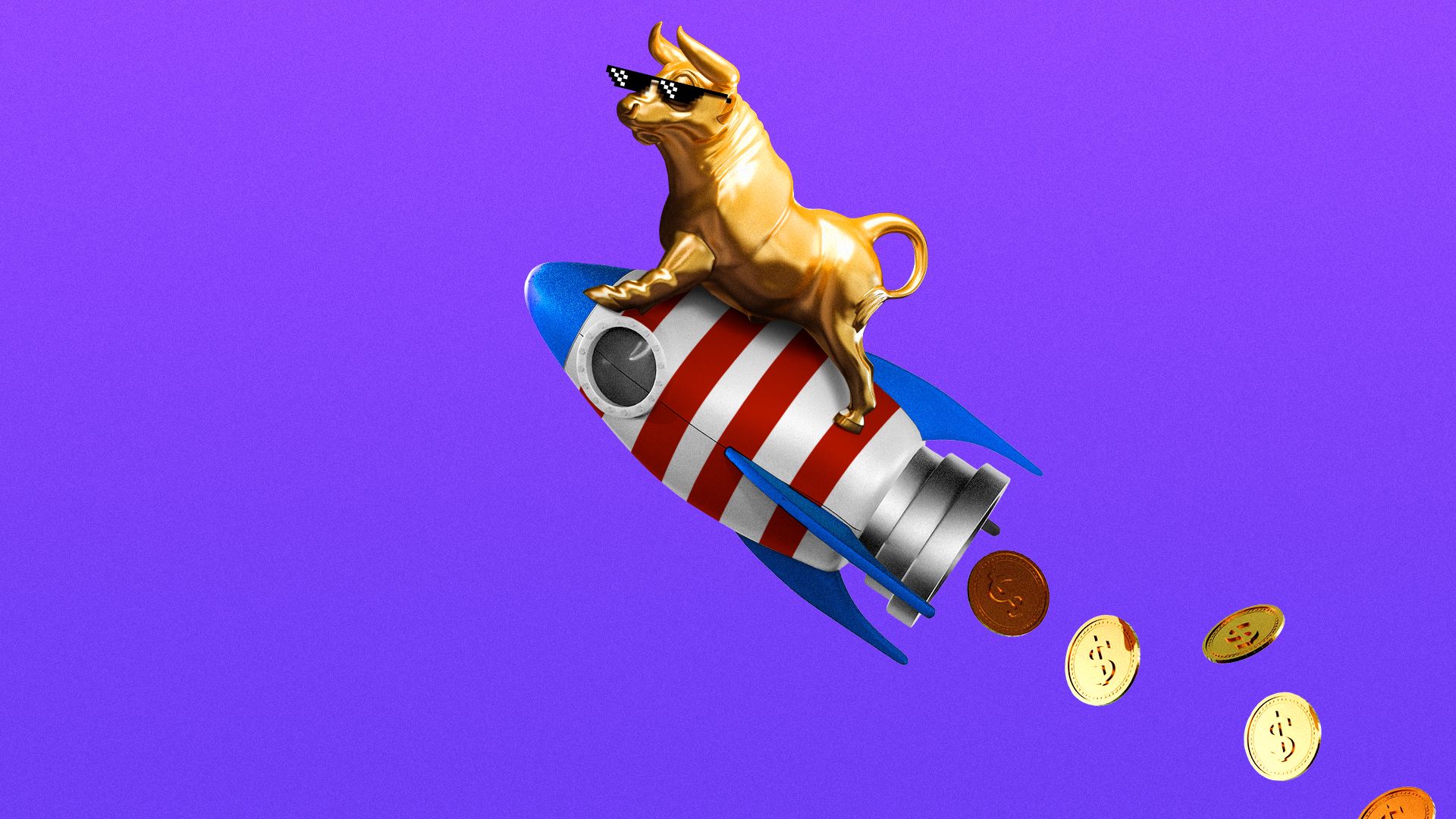 Illustration of a golden bull riding a rocket with coins shooting out of the exhaust.