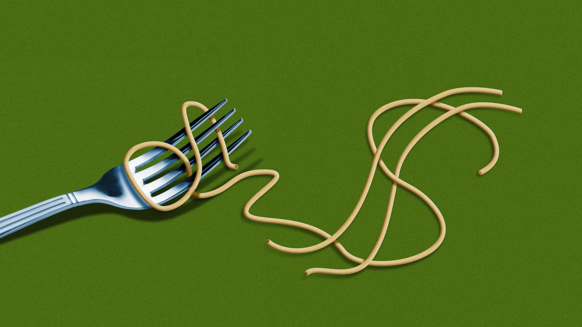 Illustration of spaghetti on a fork in the shape of a dollar bill