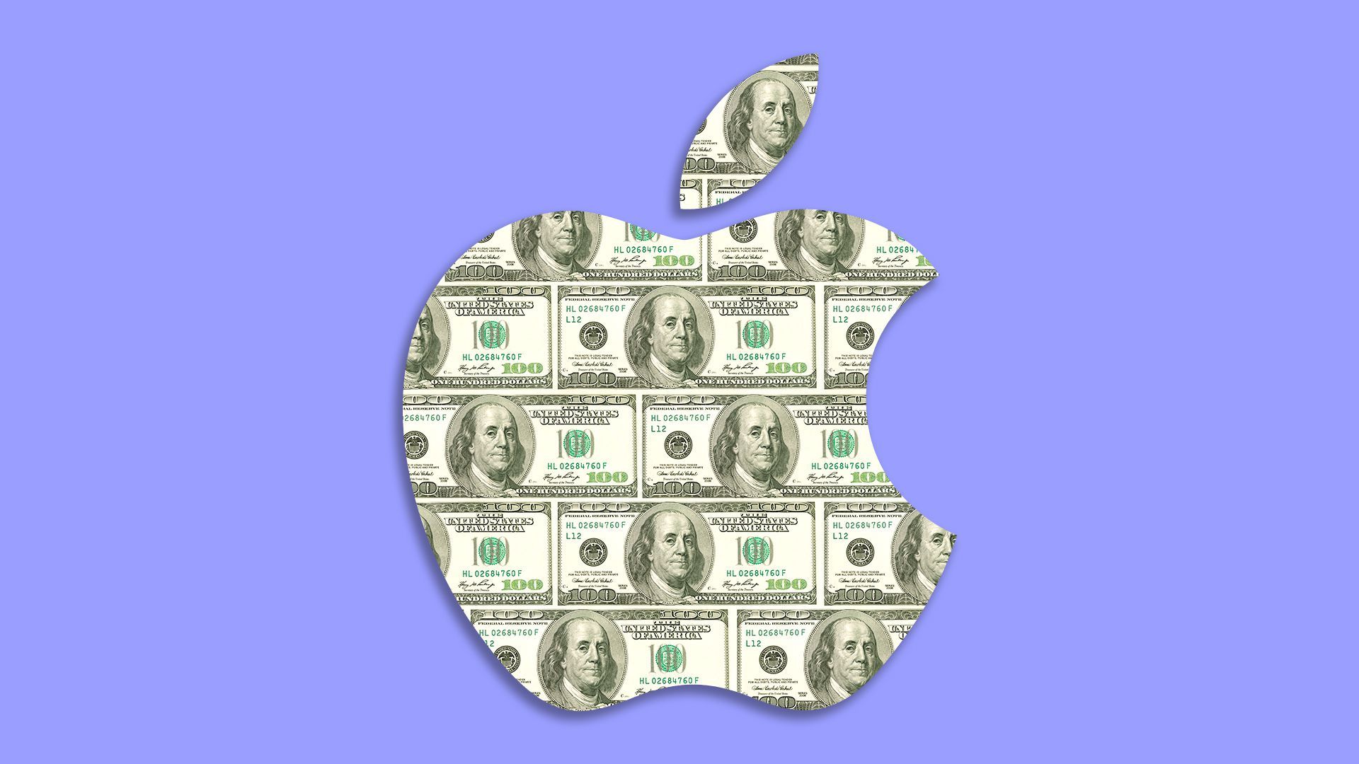 Illustration of the Apple logo made out of a repeating hundred dollar bill pattern.