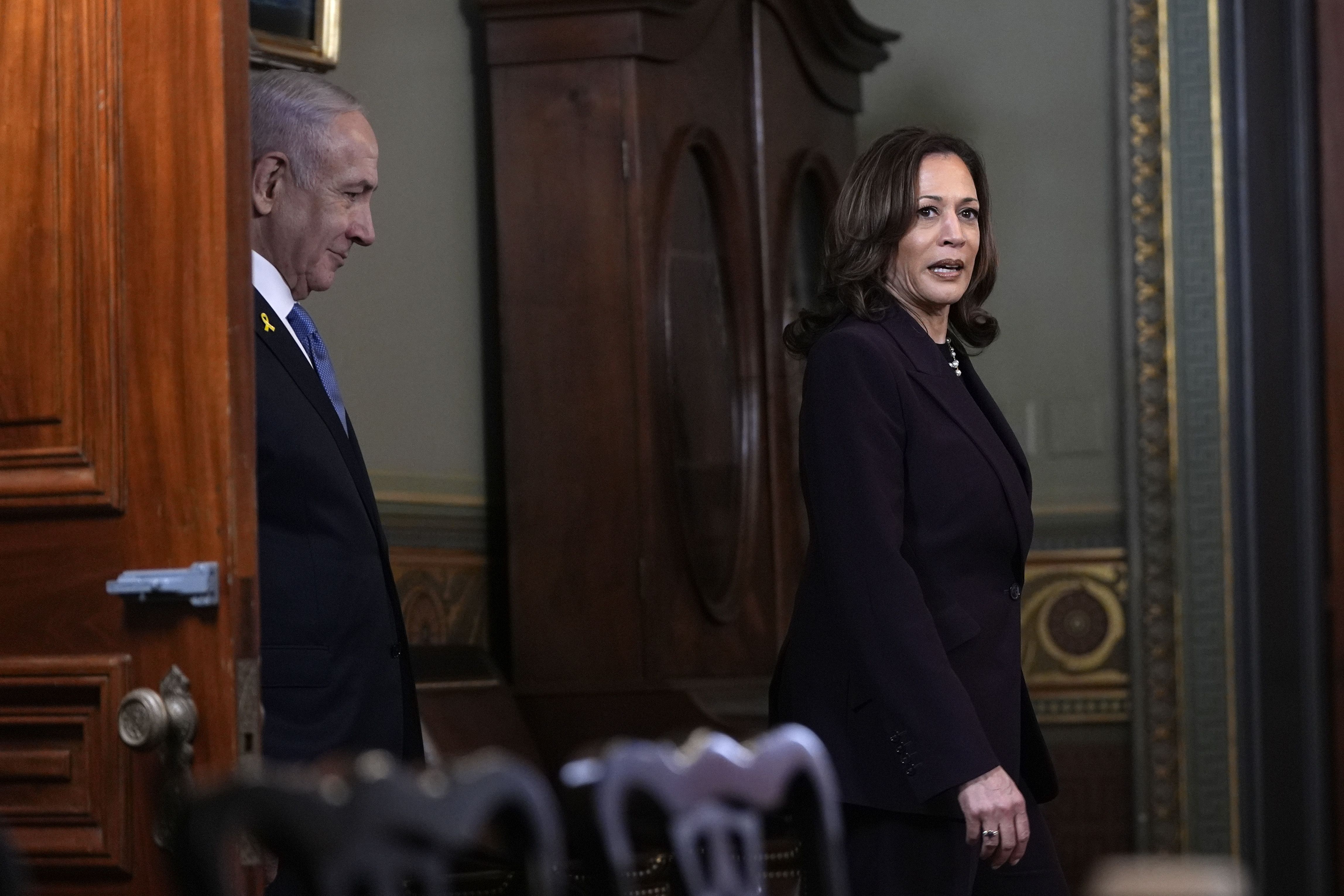 Vice President Kamala Harris and Israeli Prime Minister Benjamin Netanyahu arrive before a meeting at the Eisenhower Executive Office Building yesterday.