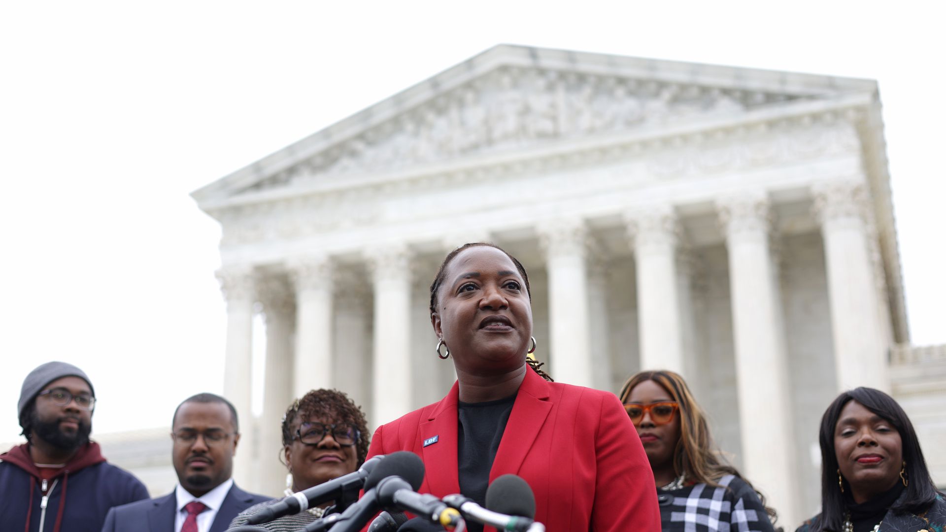 President and Director-Counsel of the NAACP Legal Defense Fund (LDF) Janai Nelson (C) speaks to members of the press after the oral argument of the Merrill v. Milligan case at the U.S. Supreme Court on October 4, 2022 in Washington, DC. 