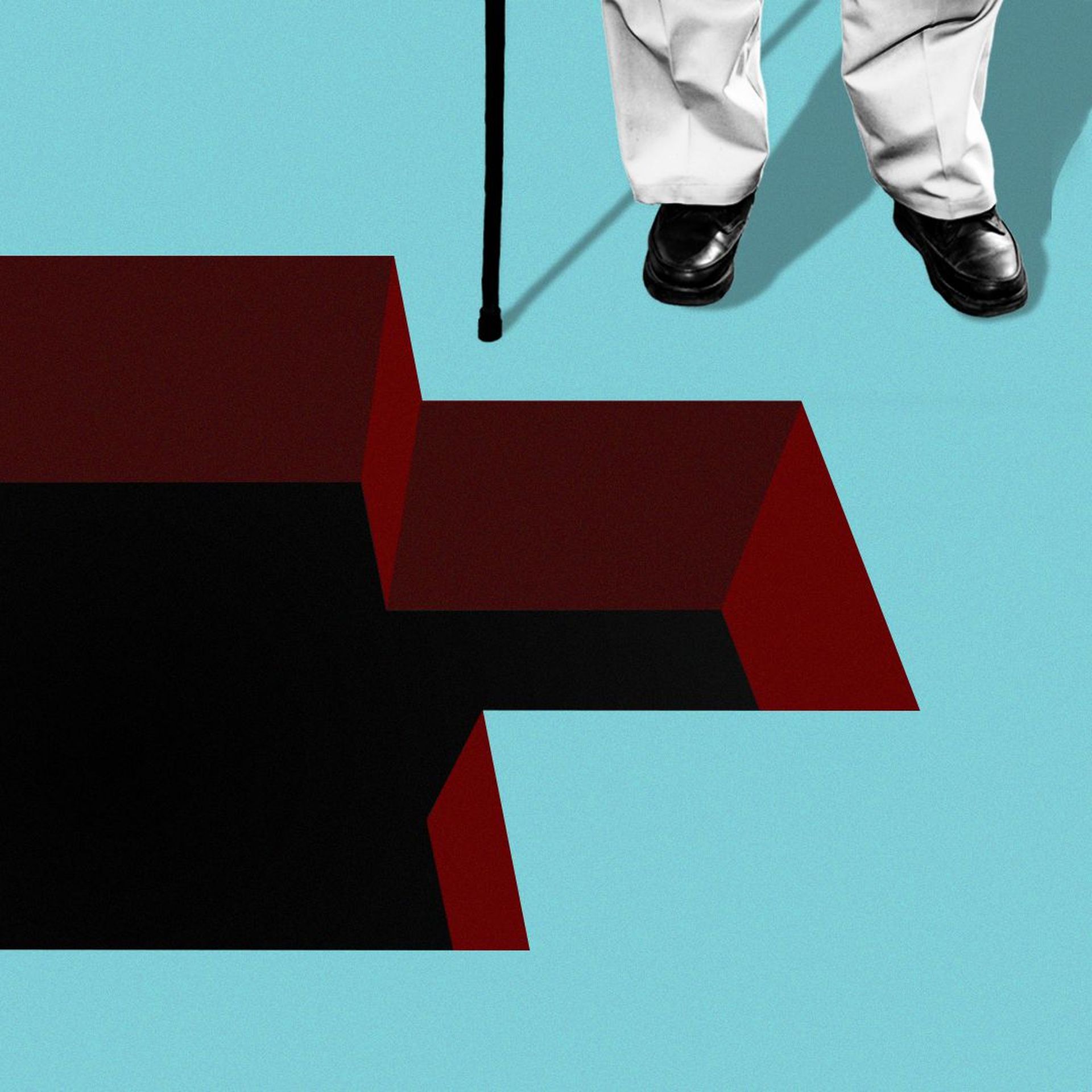 Illustration of a person with a cane near a hole shaped like a red cross symbol.