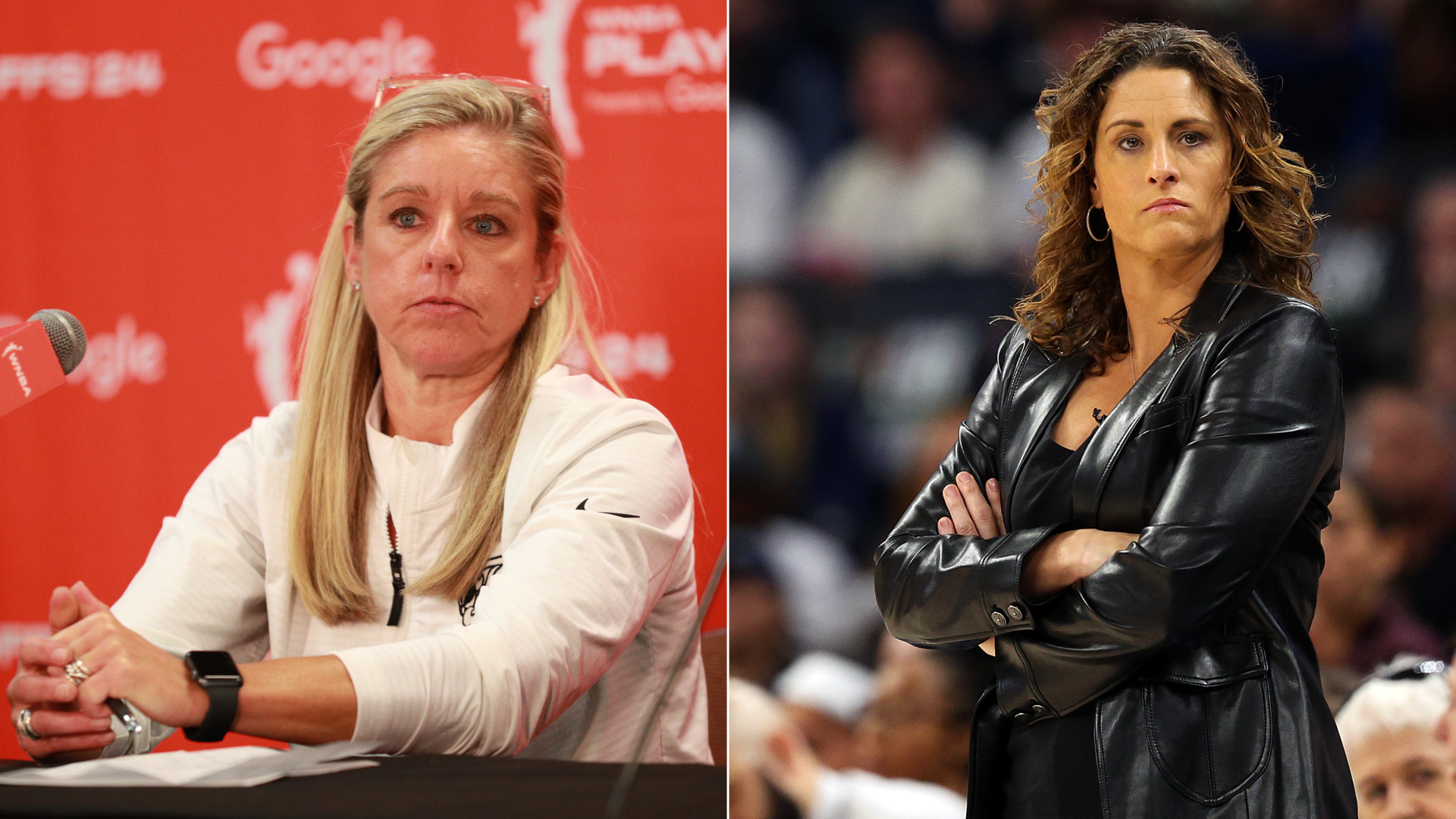 Side by side photos of two female basketball coaches