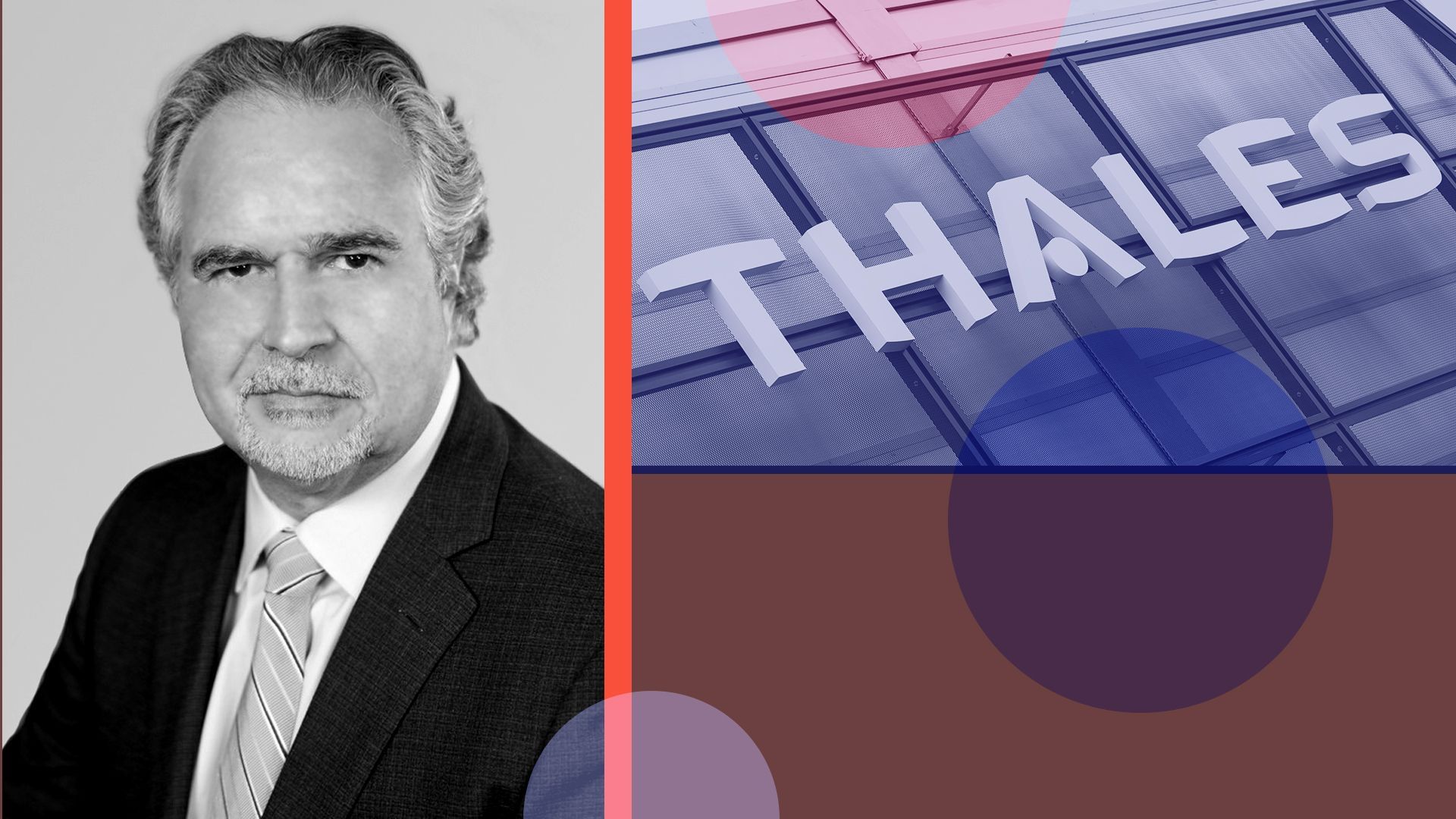 Photo illustration of Alan Pelligrini with abstract shapes and the Thales logo.