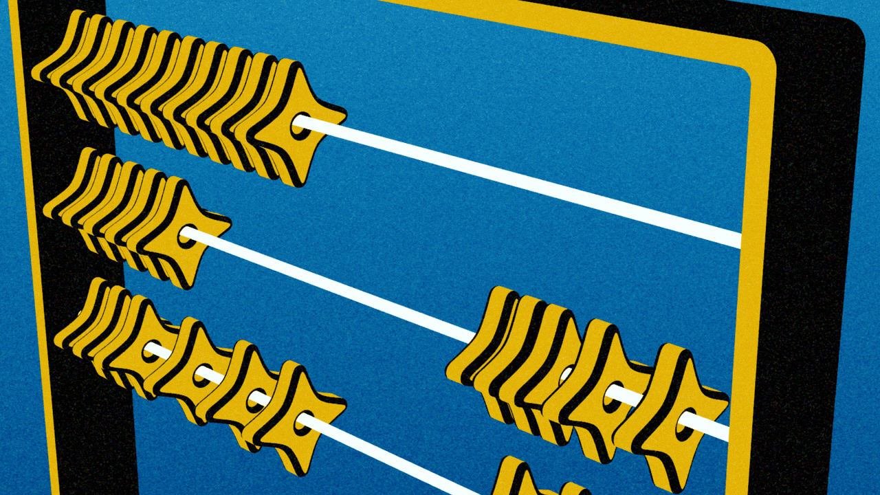 Animated illustration of an abacus with sparkle-shaped beads, which move back and forth across the abacus.