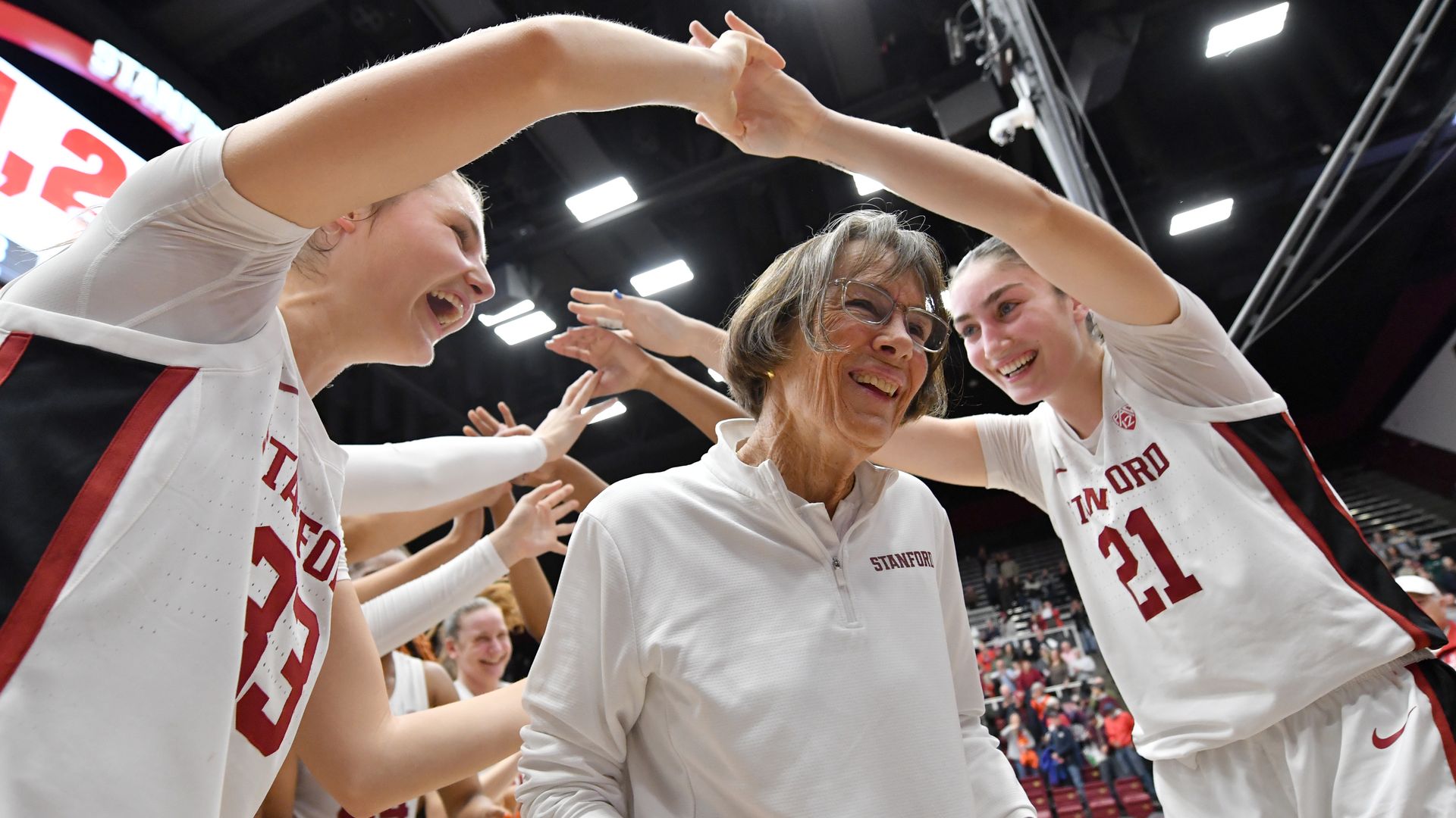  Stanford Cardinal head coach Tara VanDerveer celebrates at Stanford Maples Pavilion after a game against the Oregon Ducks. Tara VanDerveer ties Mike Krzyzewski with 1,202 NCAA career wins at Stanford Maples Pavilion on January 19, 2024 in Palo Alto, California. 
