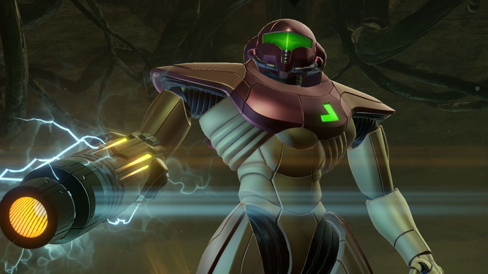Video game screenshot of bounty hunter Samus Aran
