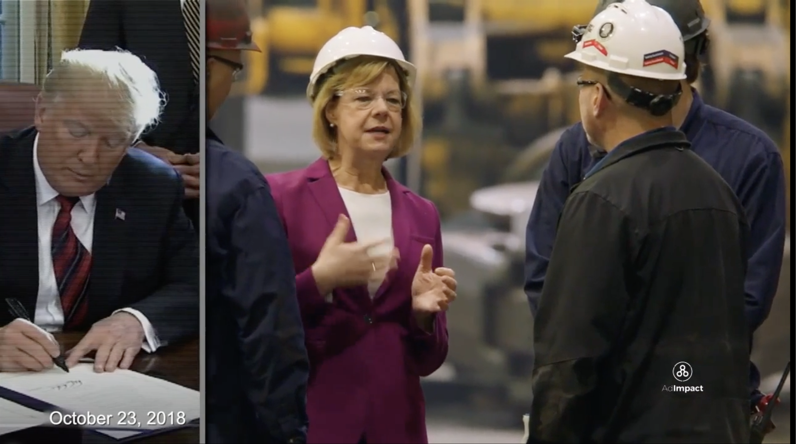Screenshot from Tammy Baldwin campaign ad showing a split-screen with her and Trump