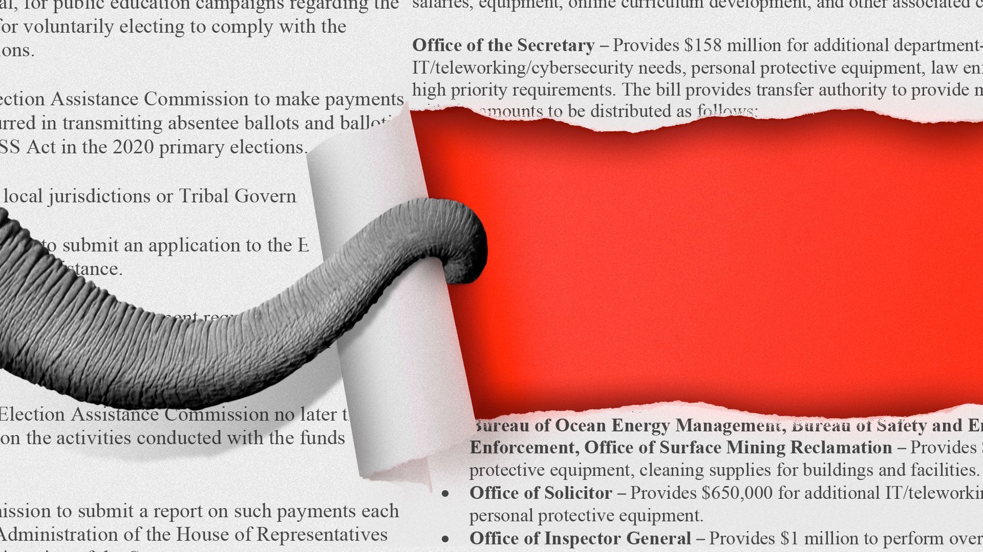 Illustration of an elephant trunk tearing away pieces of paper made up of various pandemic legislation. 