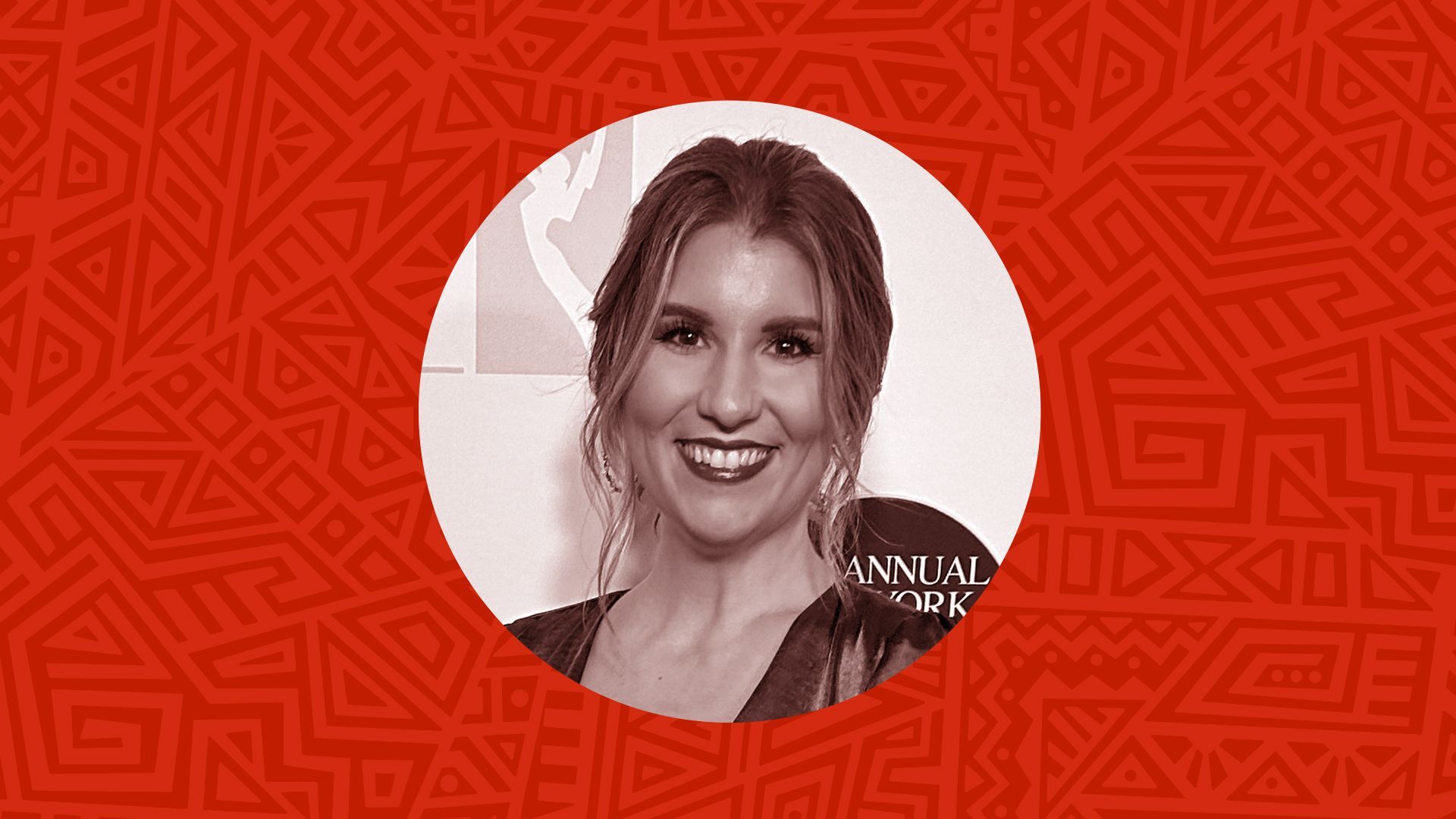 Photo illustration of Leisha Majtan surrounded by an abstract patterned background.