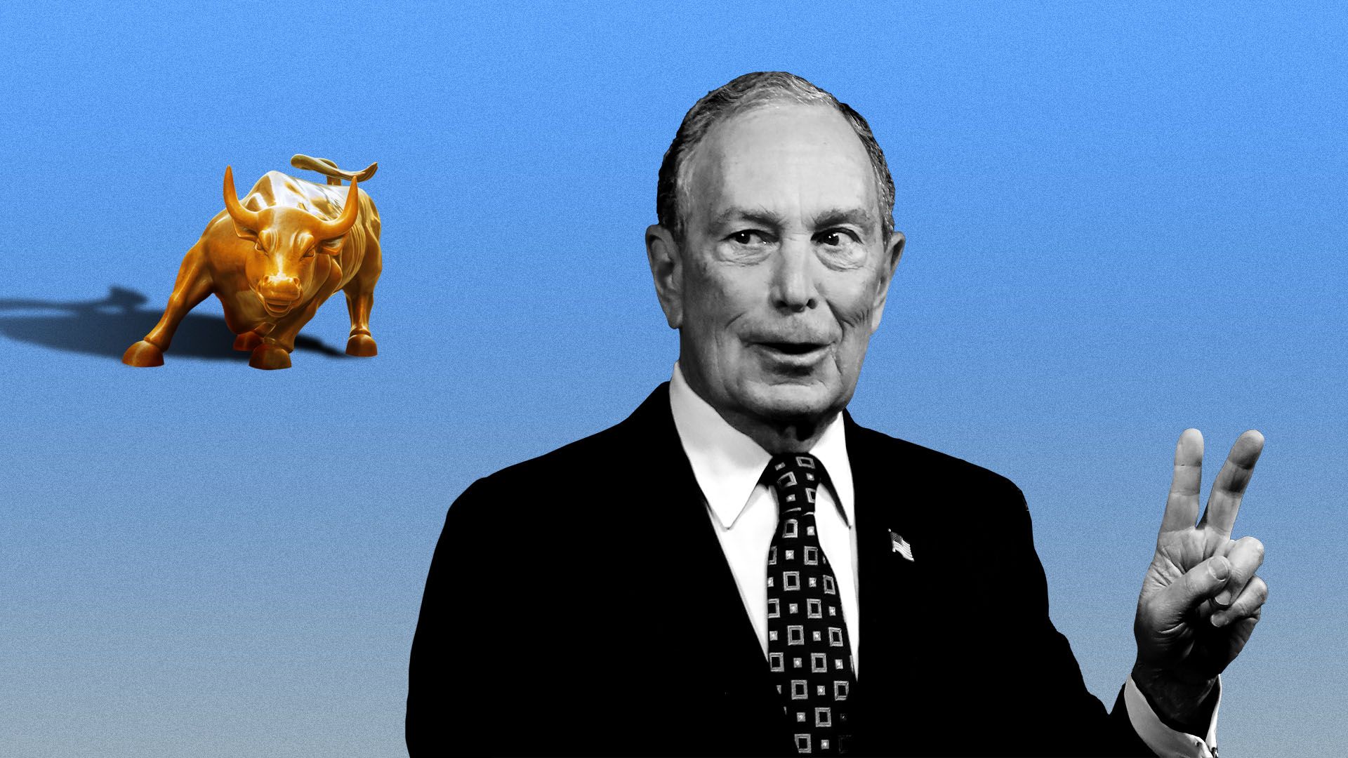 Photo illustration of Michael Bloomberg making a peace sign while looking at a small Wall Street bull