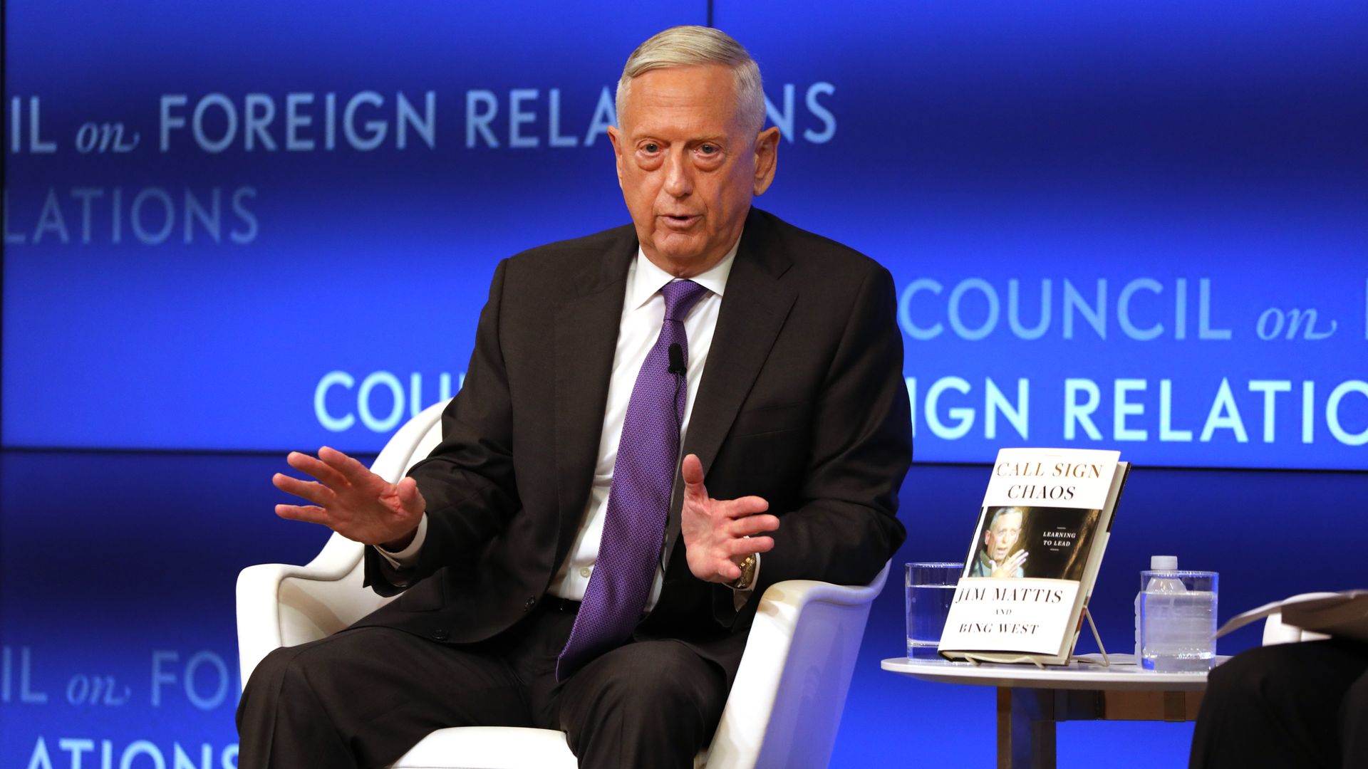 Former Defense Secretary General James Mattis speaks with Richard Haass at The Council on Foreign Relations on September 03, 2019 in New York City.