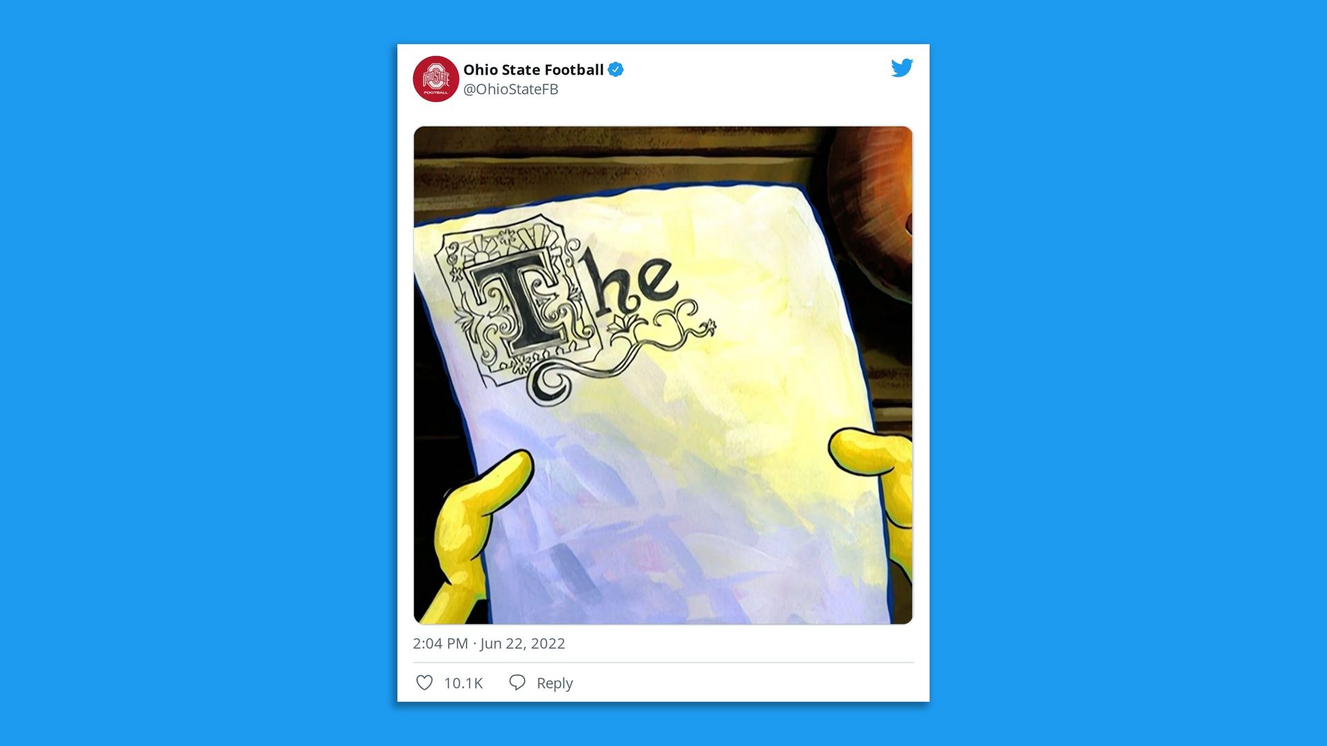 A tweet from Ohio State featuring a photo of a script "THE" from SpongeBob SquarePants