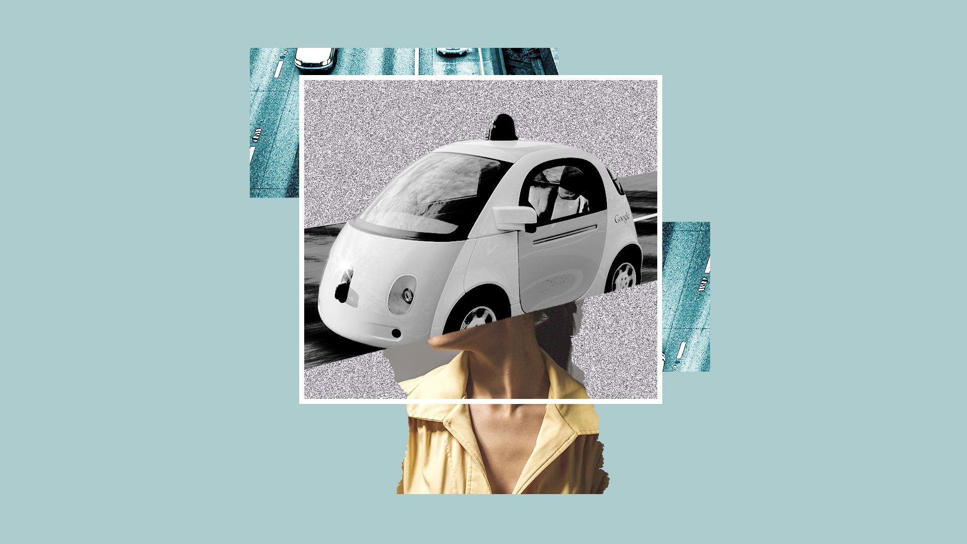 A person with a self-driving car for a head