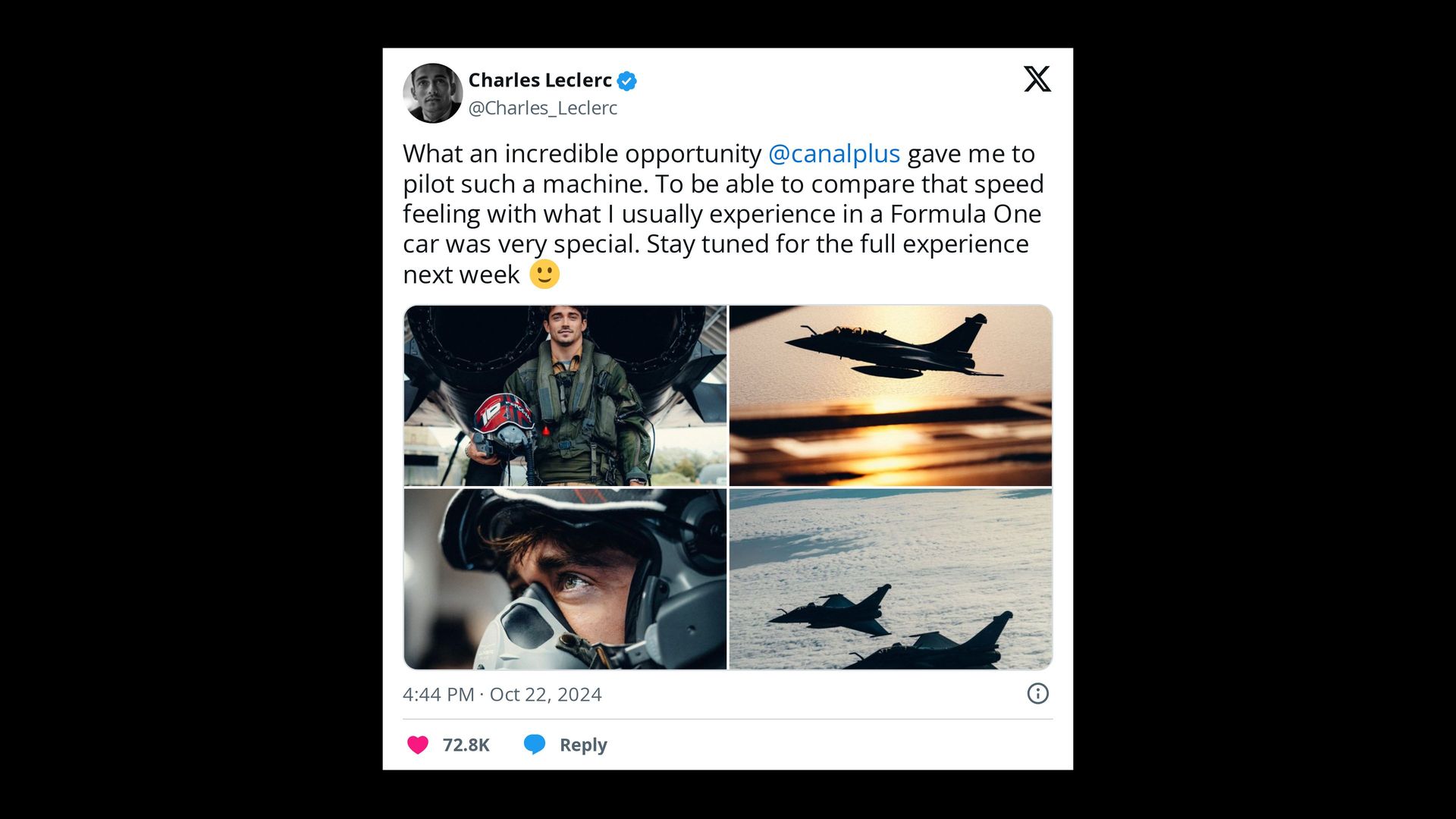 A tweet from F1 driver Charles Leclerc, describing his time in a flight suit and jet.