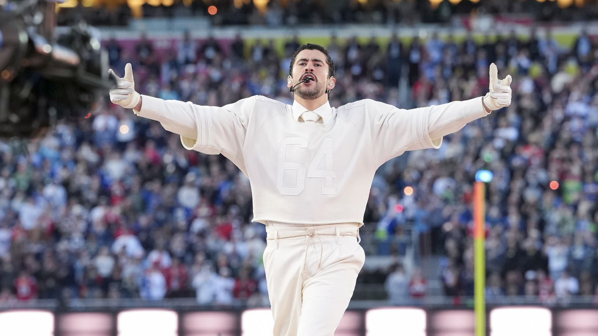 Musician Bad Bunny performs during the Apple Music halftime show at the NFL Super Bowl LX football game between the Seattle Seahawks and New England Patriots at Levi Stadium on February 8, 2026 in Santa Clara, California. (Photo by Todd Rosenberg/Getty Images)