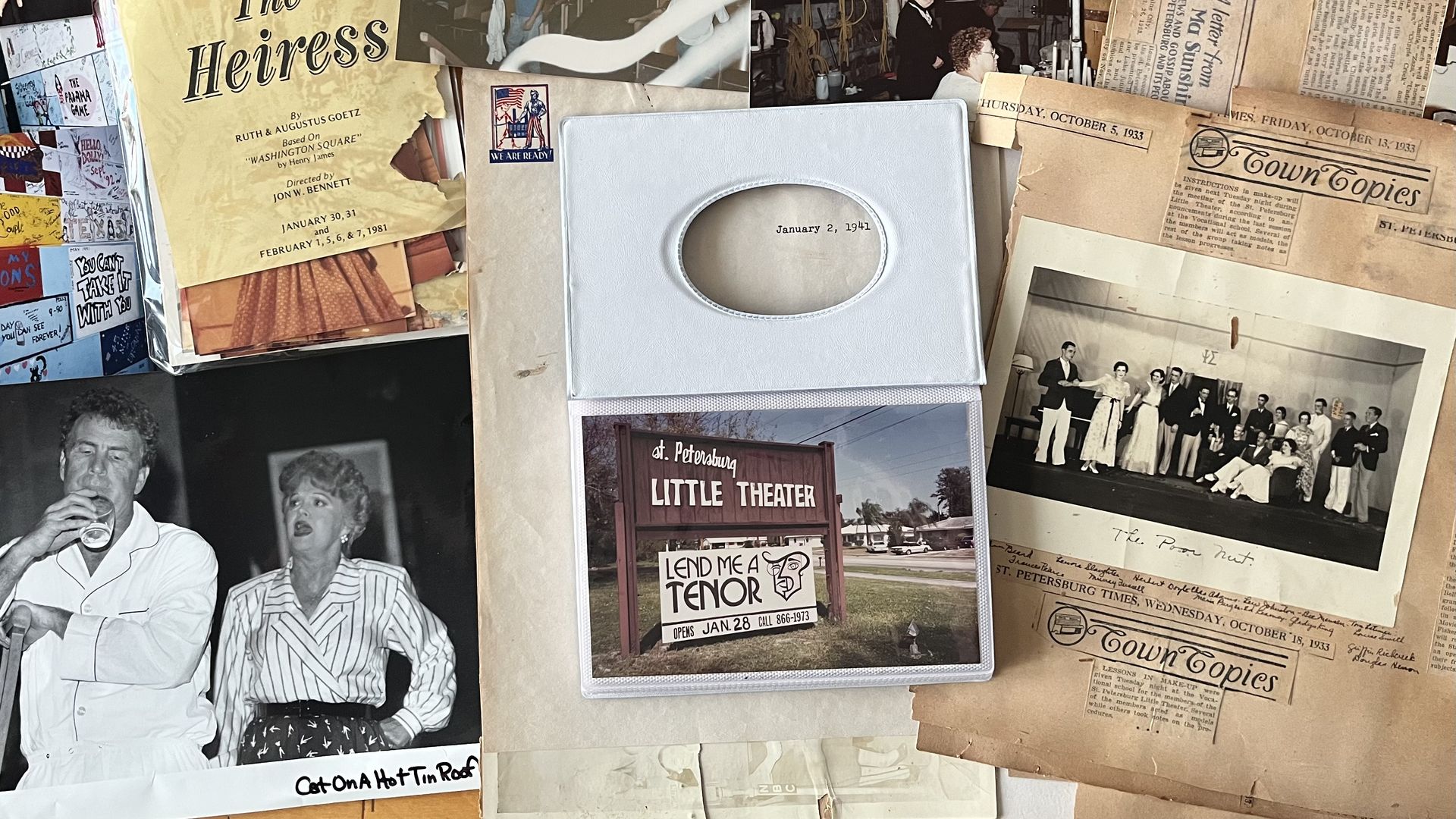 A collage of photos and newspaper clips. The center photo is of a sign that says "St. Petersburg Little Theatre."