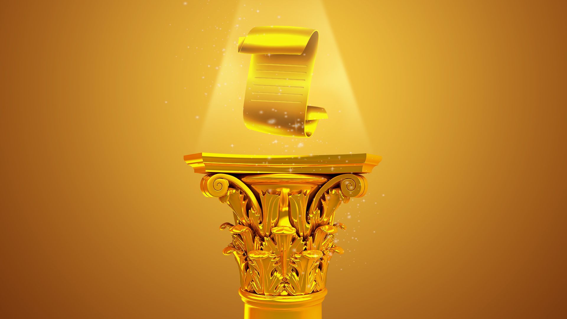 Illustration of a golden scroll on a golden pedestal in a golden room. 