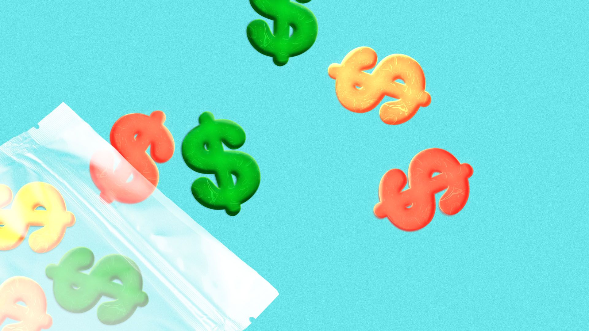 Illustration of gummy candies in the shape of dollar signs
