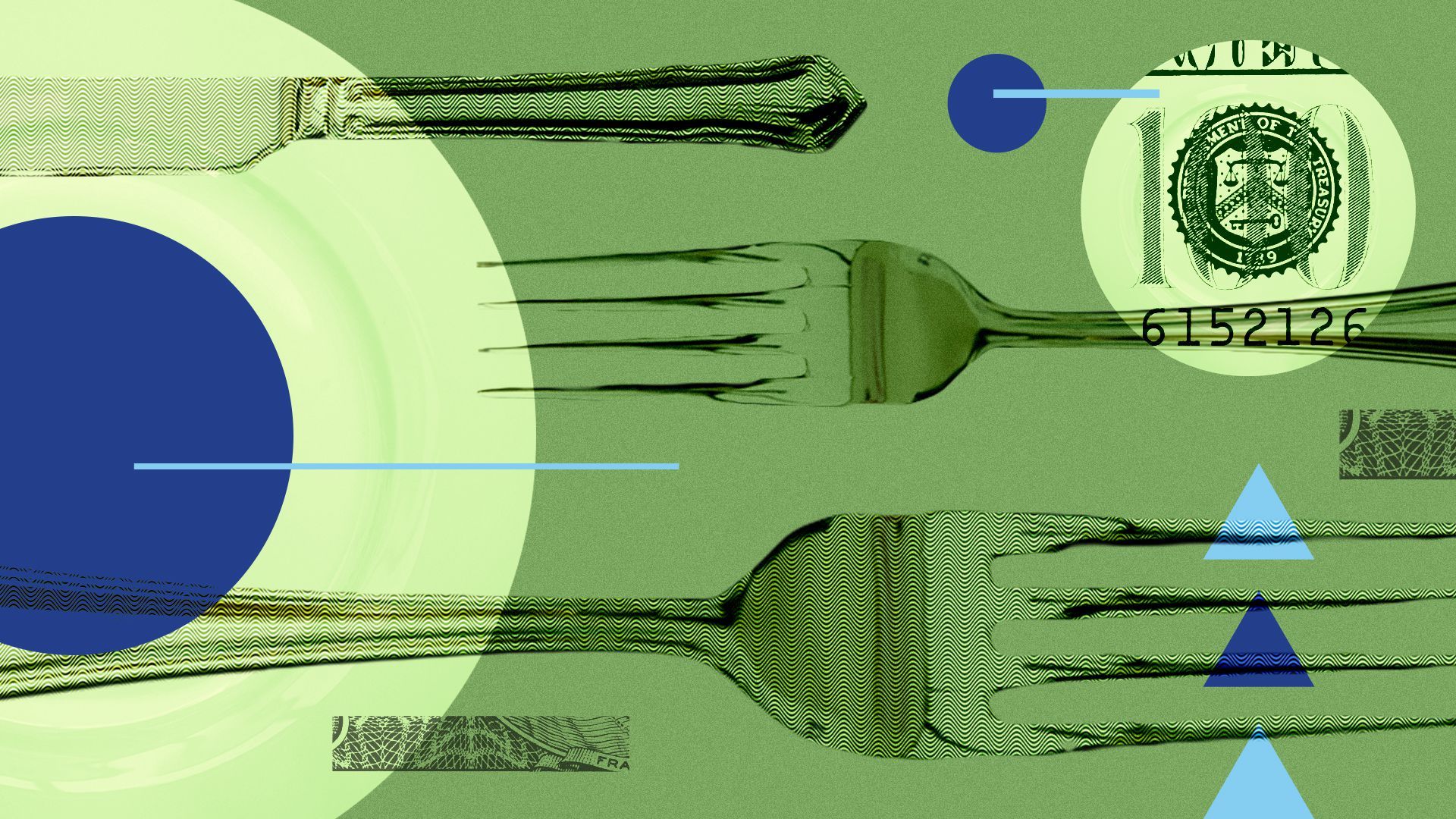 Illustration of forks, knives, plates, money and abstract shapes.