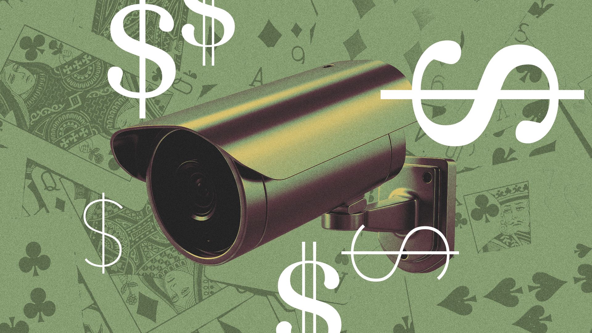 Illustration of a security camera surrounded by money and dollar imagery. 