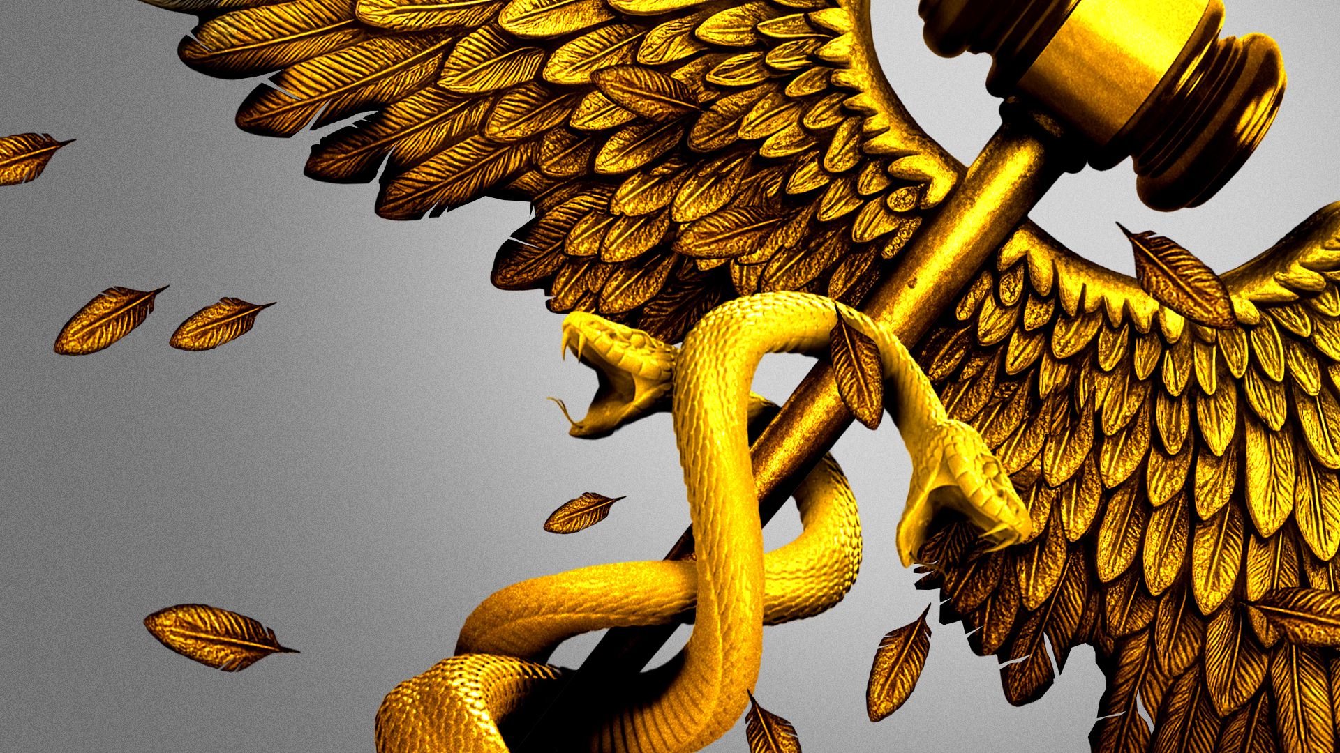 Illustration of a caduceus with a gavel at the top with angry-looking snakes and feathers flying off