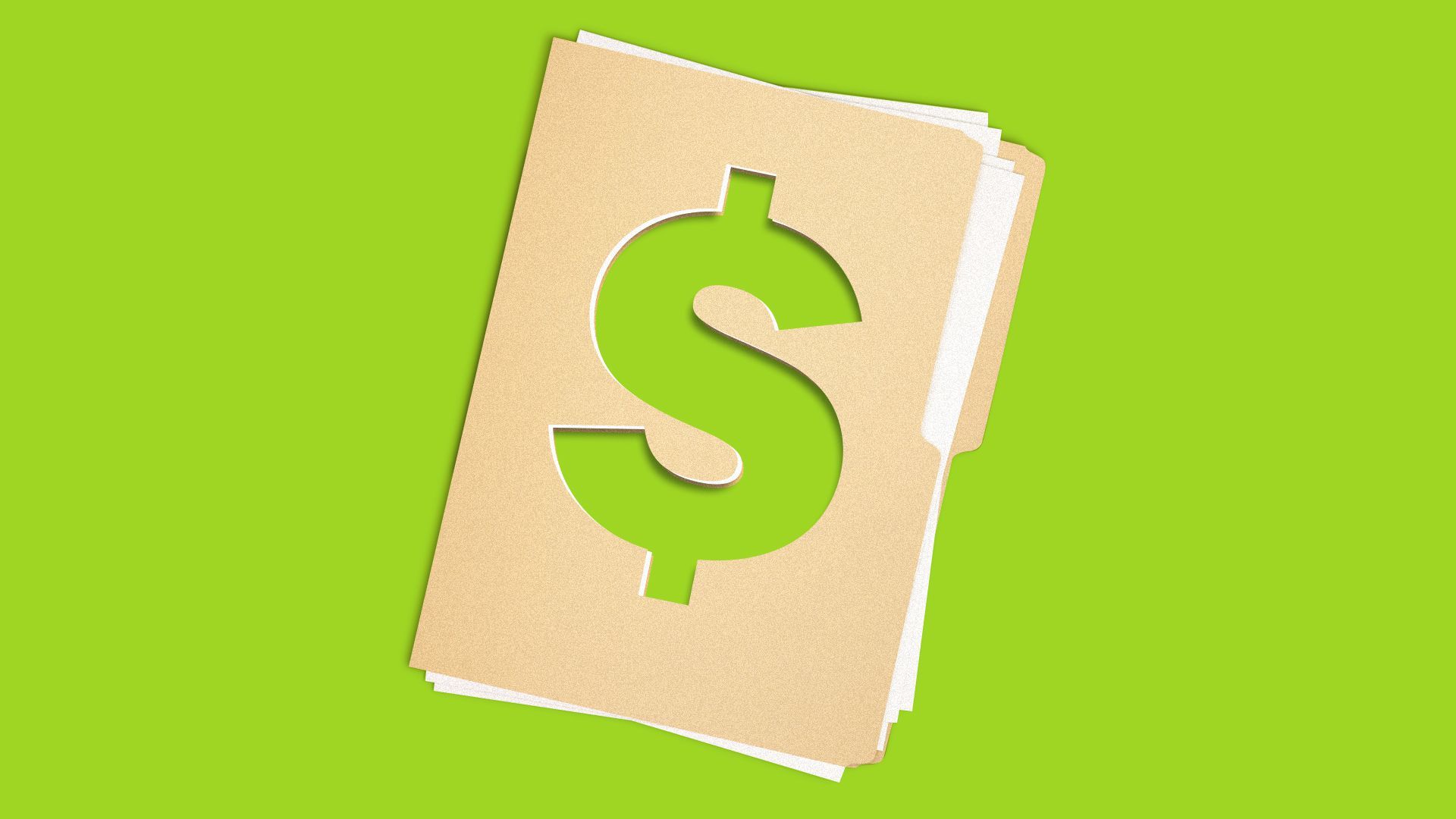 Illustration of a folder with a dollar bill sign cut out of it.  