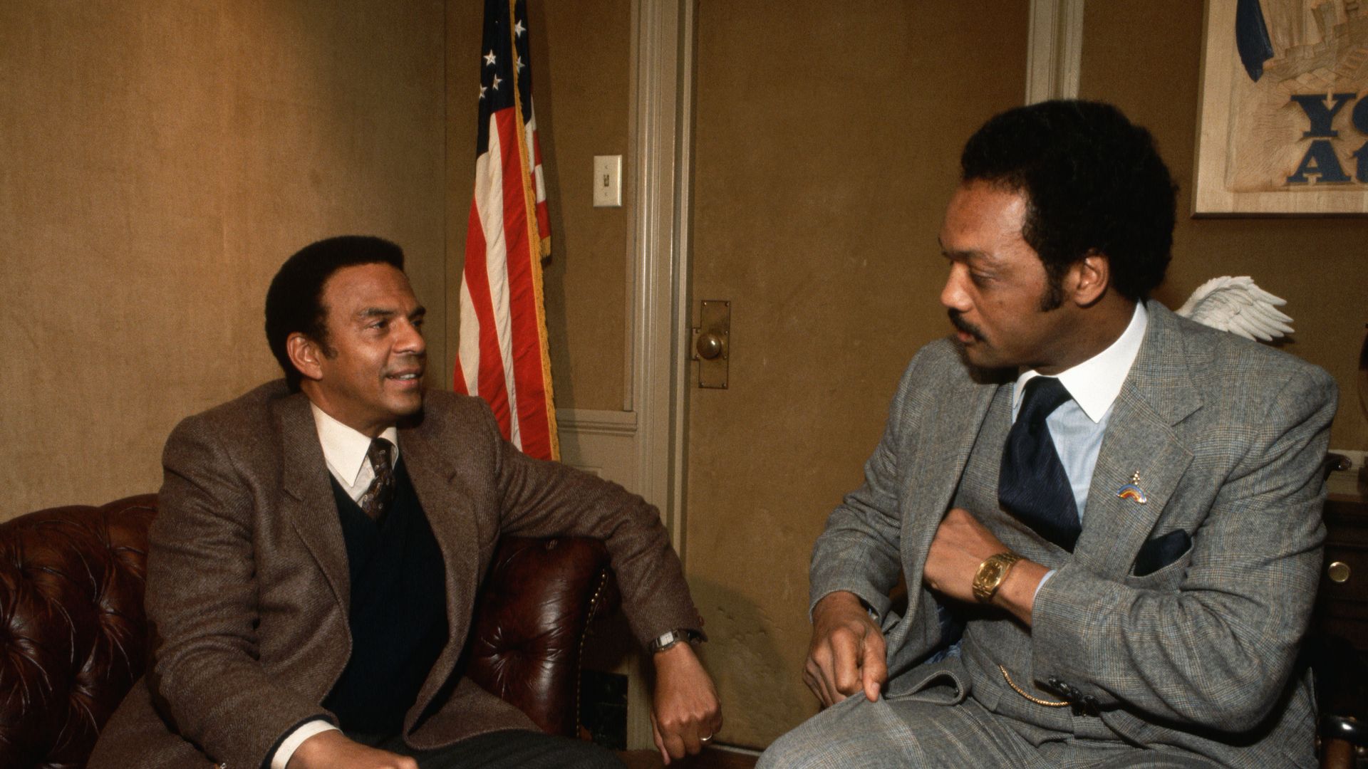 The Rev. Jesse Jackson (right), then a Democratic presidential candidate, meets with then-Atlanta Mayor Andrew Young during the 1984 campaign — a moment linking two giants of the civil rights generation. (Photo by Jacques M. Chenet/CORBIS via Getty Images)