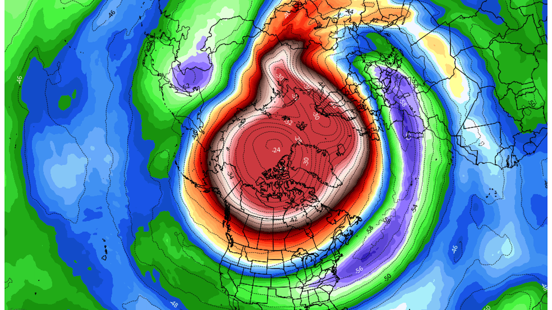 Computer model projection of temperature departures from average in the stratosphere on Wednesday.