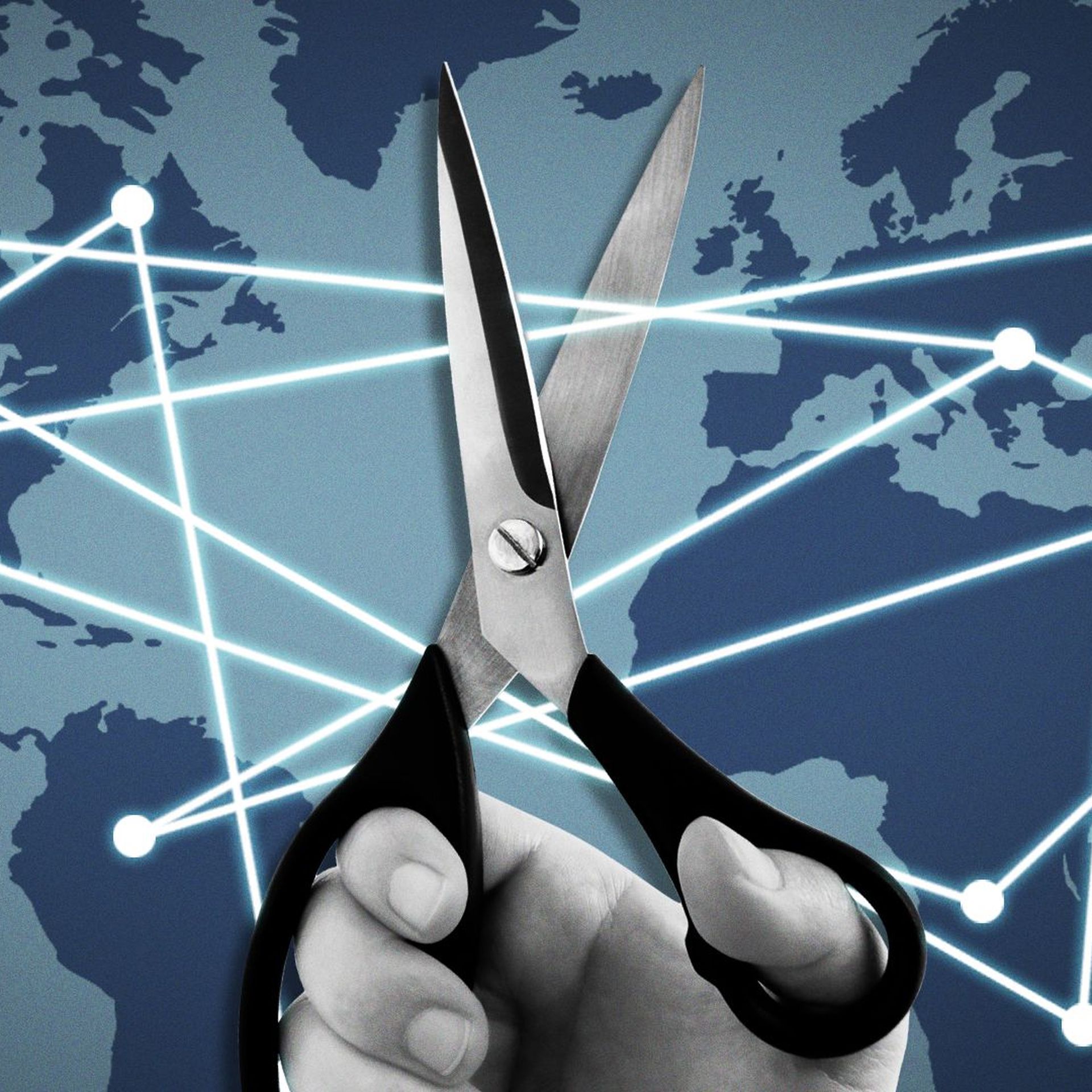 Illustration of scissors about to cut into flight paths on a map. 