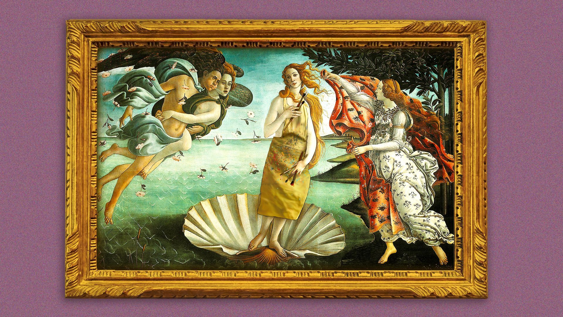 Illustration of the painting The Birth of Venus in a gold frame on the wall with Venus wearing an artist smock and holding paintbrushes.