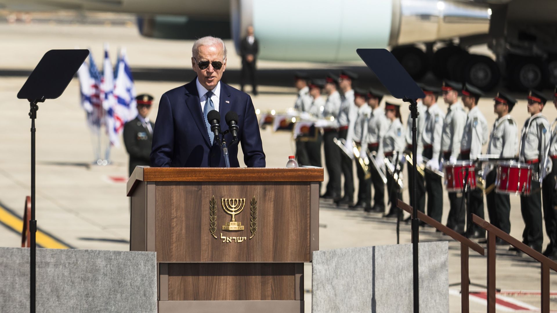President Joe Biden speaks during the welcome ceremony during his visit to Israel on July 13, 2022 in Lod, Israel.