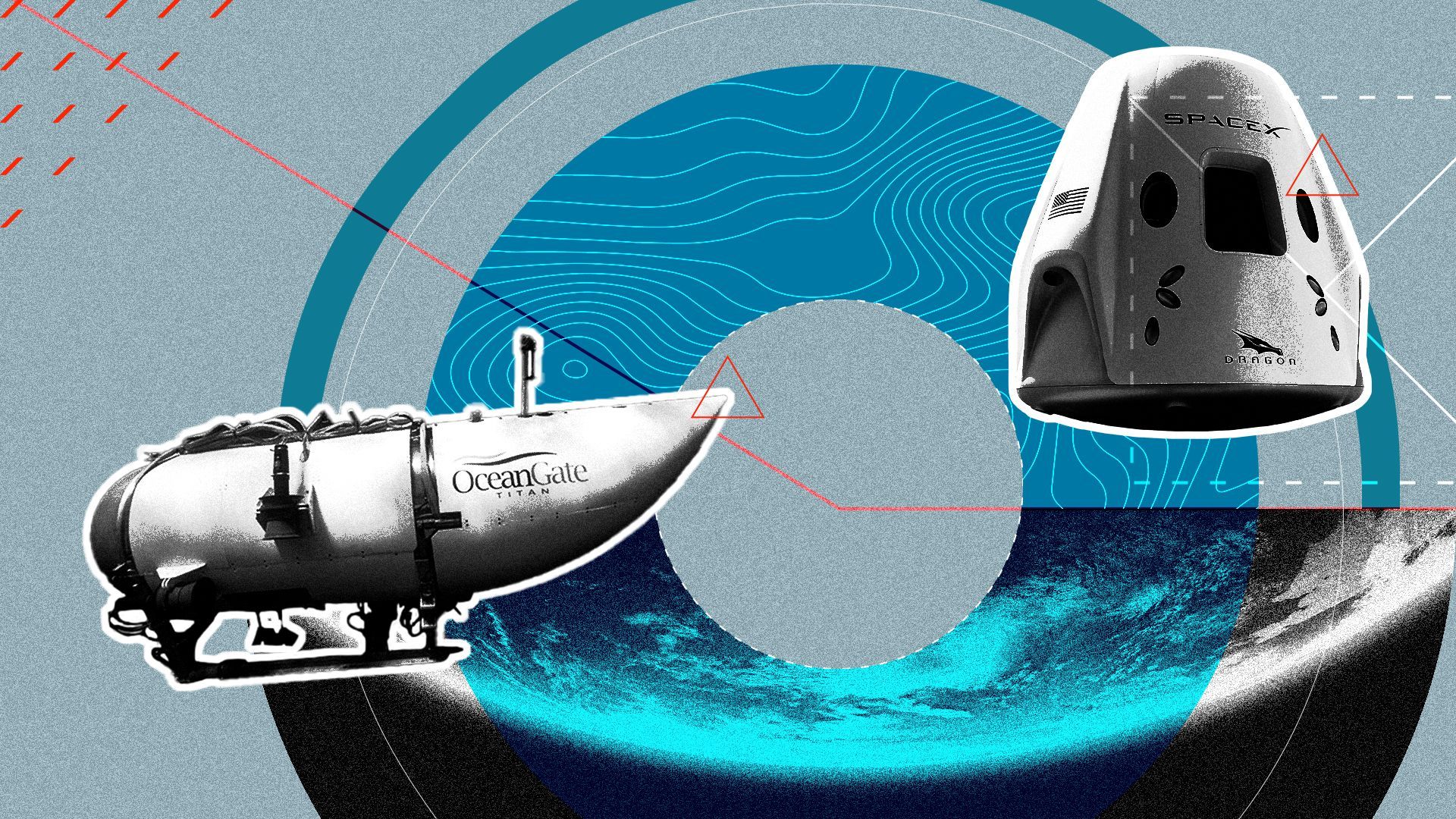 Photo illustration of OceanGate Titan and SpaceX Crew Dragon over a background of shapes, patterns, and a view of the Earth from space.